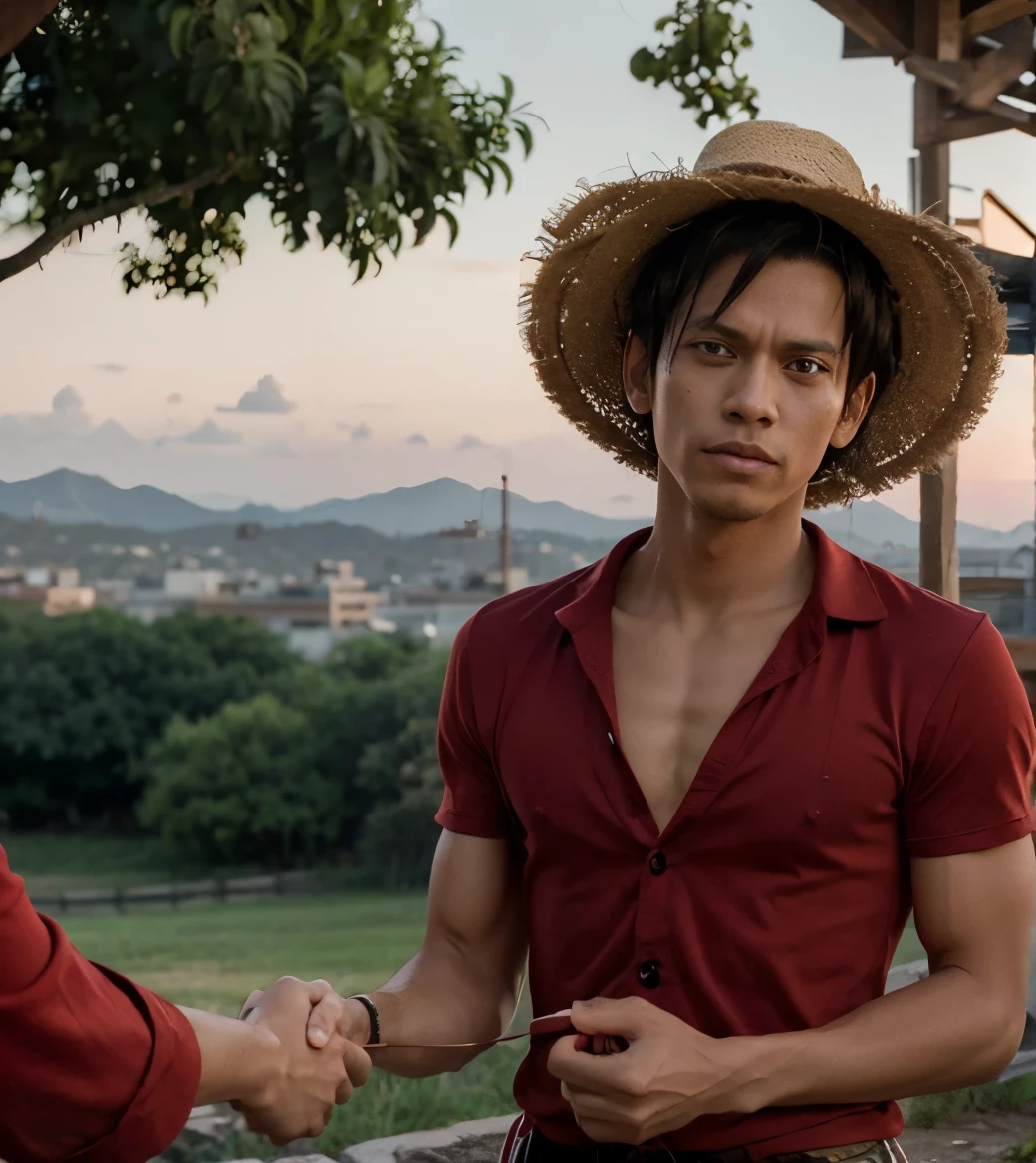 A captivating photography-style still image showcases Monkey D Luffy, the beloved character from the One Piece anime, donning his renowned strawhat and a red shirt adorned with three stripes. Wearing a serious expression on his face, Luffy is captured in the midst of extending his hand forward, possibly to make a deal or engage in a handshake. The scene is set against a breathtaking summer evening backdrop, with the sky painted in a captivating shade of red.