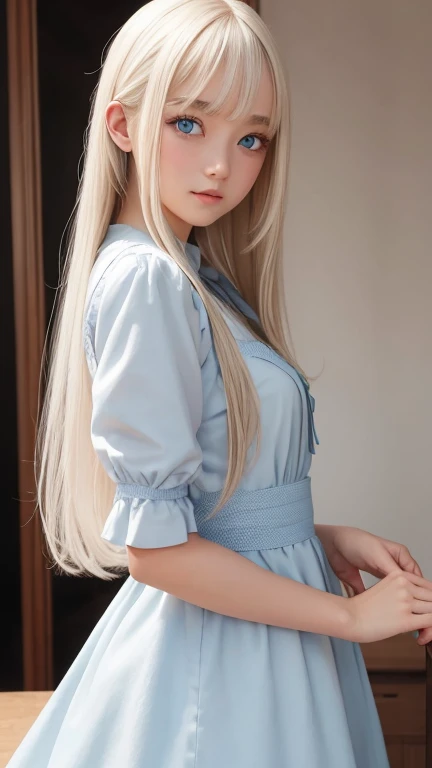Smile、photorealisim、top-quality、超A high resolution、a picture、Photos of very beautiful Nordic-born girls、Extraordinarily beautiful girl、Detailed cute and beautiful happy face、(pureerosface_v1:0.008)、Beautiful bangs、alice in the wonderland、12year old、Glowing white shiny skin、Bangs that extend to the face、Bangs between the eyes、Super long hair、Attractive bright natural platinum blonde ponytail silky hair、finer hair、High-definition eyes、Beautiful, Bright and clear、Big light blue eyes shine charmingly、Uniform Uniform、pleatedskirt、eye liner、Double eyelids、Lush medium semi-nude bust、clevage、Perfect beautiful young body、Perfectly proportioned body、Bedrooms、sit on a bed、sit in