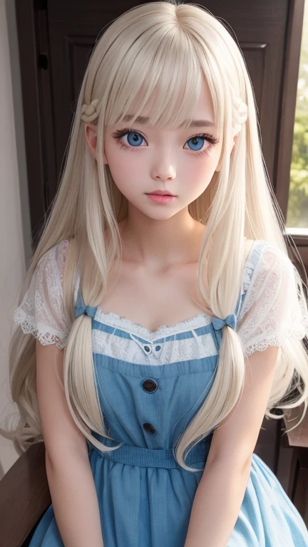 bright look、photorealism、highest quality、Super high resolution、picture、Photo of an exquisitely beautiful Scandinavian girl、extraordinary beautiful girl、cute and beautiful face details、(Pueros face_v1:0.008)、beautiful bangs、alice in wonderland、18-year-old、Shining white skin、hair run that extends to the face、bangs between the eyes、super long hair、Attractive light and dark platinum blonde super long straight silky hair、thin hair、Charming shining beautiful bright clear light blue big eyes、white apron、yellow dress、eyeliner、double eyelid、rich bust