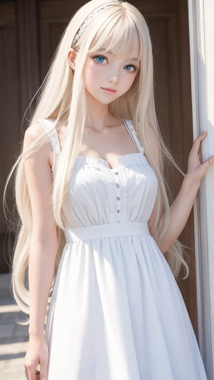 bright look、photorealism、highest quality、Super high resolution、picture、Photo of an exquisitely beautiful Scandinavian girl、extraordinary beautiful girl、cute and beautiful face details、(Pueros face_v1:0.008)、beautiful bangs、alice in wonderland、18-year-old、Shining white skin、hair run that extends to the face、bangs between the eyes、super long hair、Attractive light and dark platinum blonde super long straight silky hair、thin hair、Charming shining beautiful bright clear light blue big eyes、white apron、yellow dress、eyeliner、double eyelid、rich bust