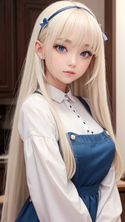 bright look、photorealism、highest quality、Super high resolution、picture、Photo of an exquisitely beautiful Scandinavian girl、extraordinary beautiful girl、cute and beautiful face details、(Pueros face_v1:0.008)、beautiful bangs、alice in wonderland、18-year-old、Shining white skin、hair run that extends to the face、bangs between the eyes、super long hair、Attractive light and dark platinum blonde super long straight silky hair、thin hair、Charming shining beautiful bright clear light blue big eyes、white apron、yellow dress、eyeliner、double eyelid、rich bust