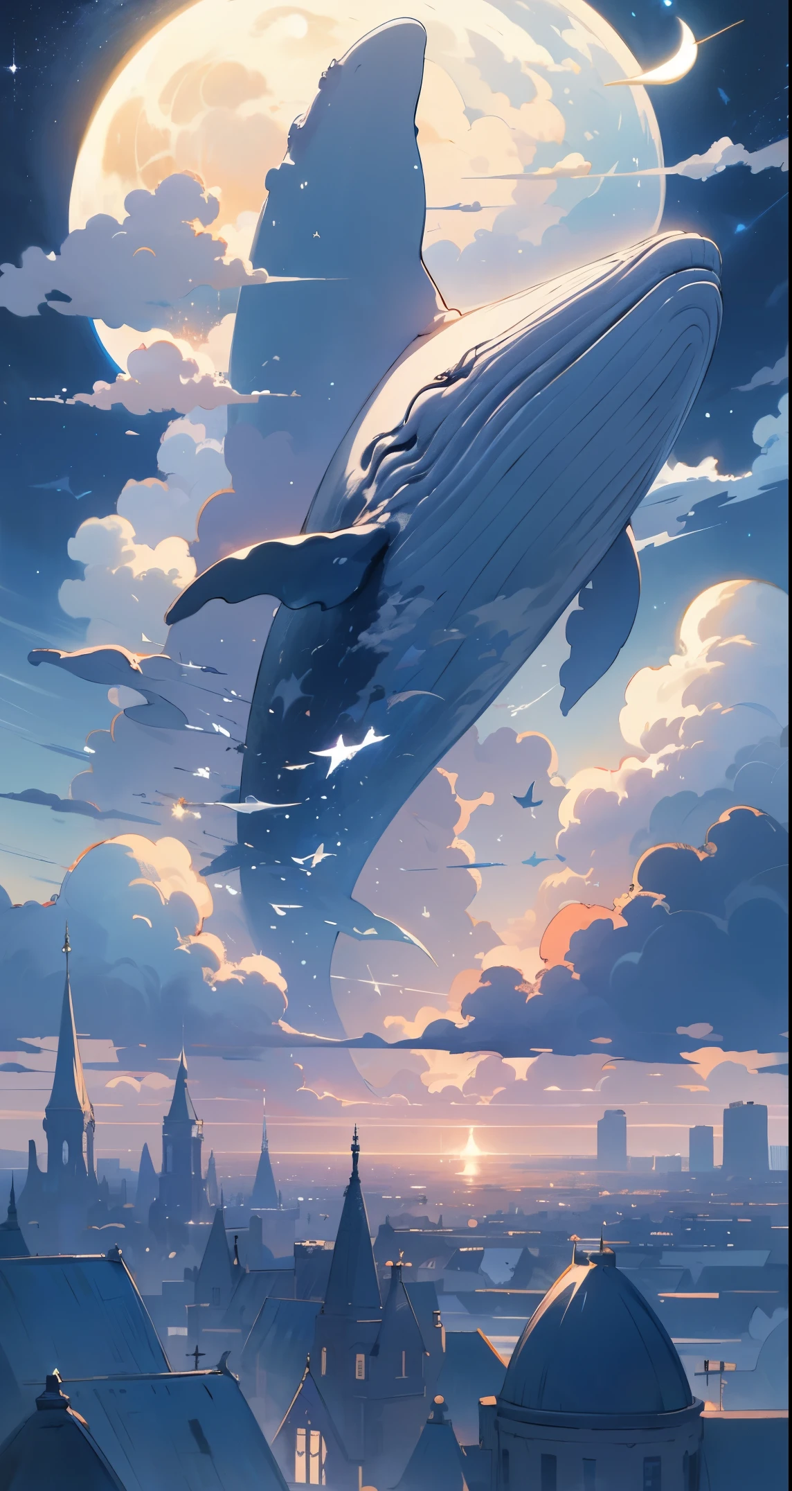 humpback, cloud,(building), sky, moon, star (sky), scenery, no humans, starry sky, night, fish, night sky, full moon, cloudy sky, outdoors, fantasy