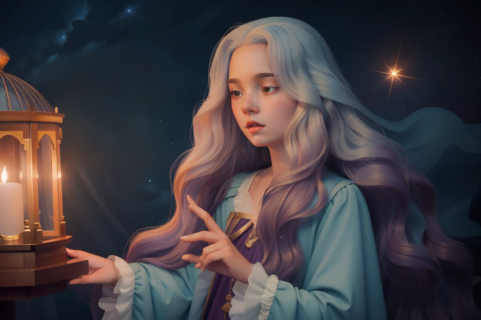 1760s Starlight Seance in the Observatory Tower (Location: Observatory Tower)
Character: A teen, with flowing hair and a celestial cloak, conducts a starlight seance in an observatory tower during the 1760s. Wes Anderson's seance palette evokes a sense of mystical connection with the cosmos.

