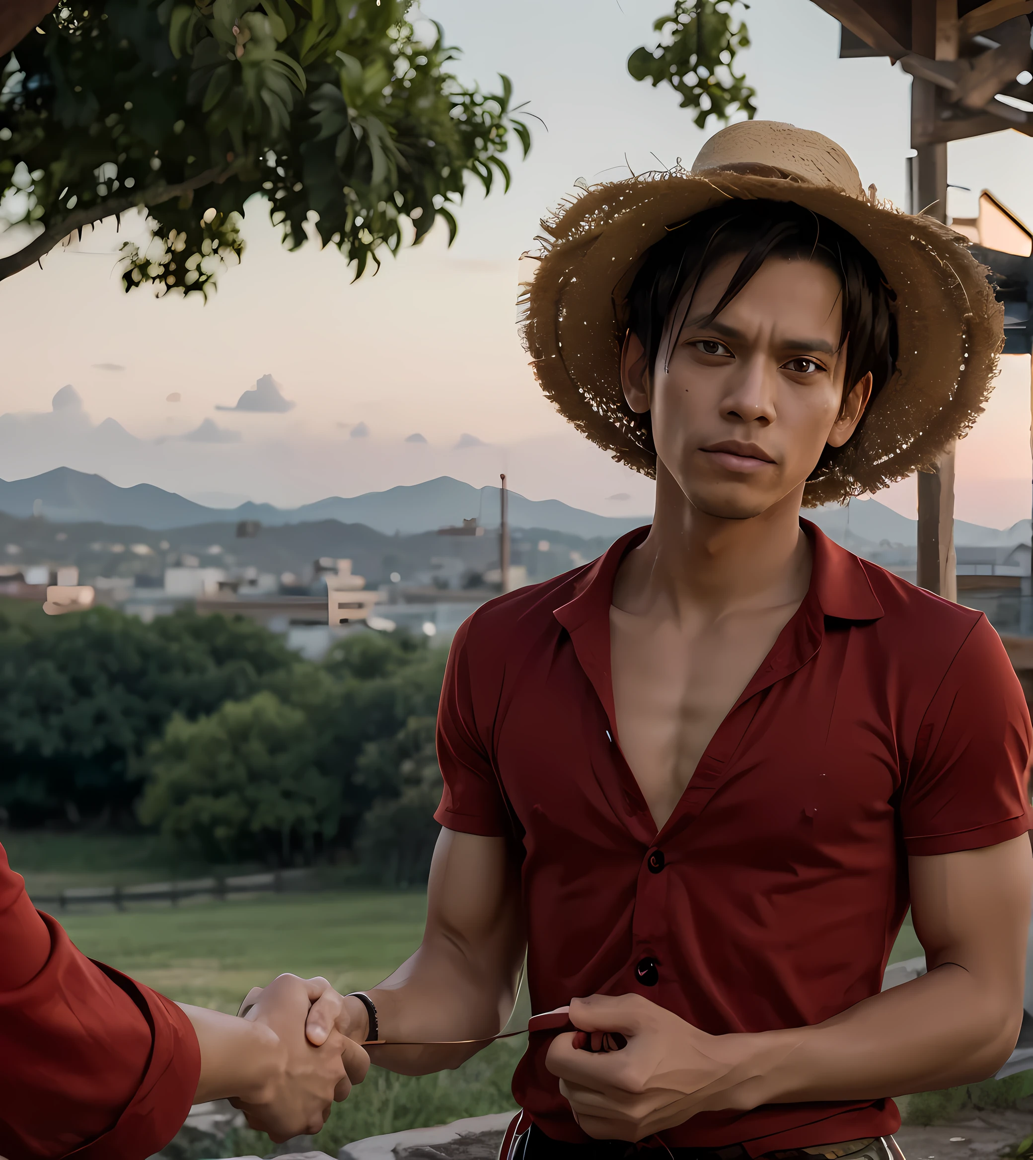 A captivating photography-style still image showcases Monkey D Luffy, the beloved character from the One Piece anime, donning his renowned strawhat and a red shirt adorned with three stripes. Wearing a serious expression on his face, Luffy is captured in the midst of extending his hand forward, possibly to make a deal or engage in a handshake. The scene is set against a breathtaking summer evening backdrop, with the sky painted in a captivating shade of red.