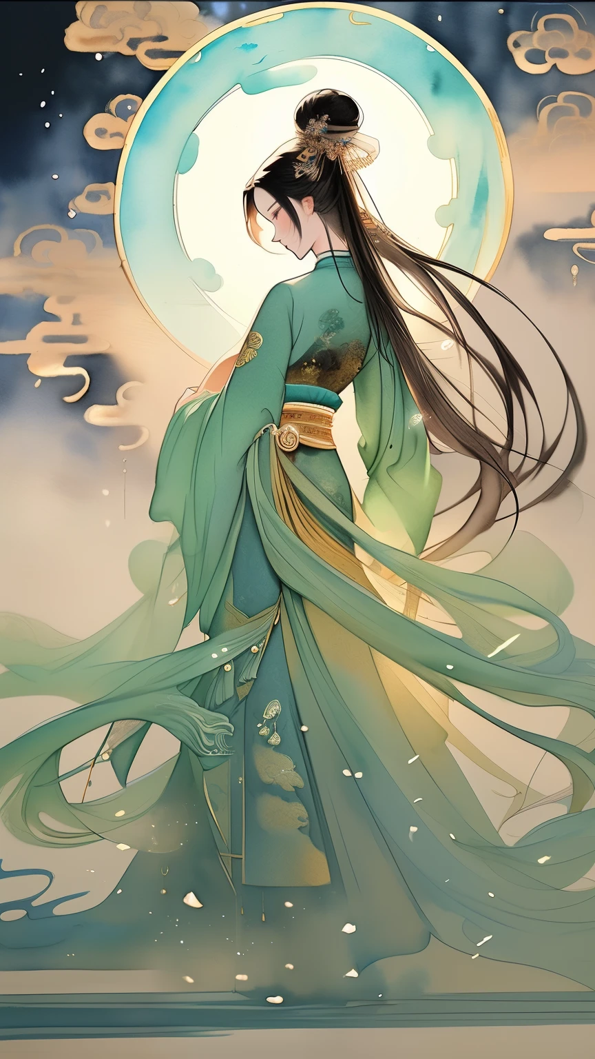 ink painting,watercolor smudge,1 girl, solo, long hair, black hair, hair accessories, long sleeves, flower, outdoor, sky, 毛flower, from behind, sash, contour, make up, night, China costume, night空, light particles, lantern, architecture, 纸lantern, Hanfu,1 girl, solo, black hair, hair accessories, long sleeves, Gorgeous silk dress, 粉色的丝绸Hanfu,belt,long sleeves,damask,jewelry, Shut up, Permanent, whole body, flower, bun, vague, flower瓣, contour, night, China costume, 单bun, flower朵装饰的发簪,散开的long hair,红flower, night空, light particles,黄金jewelry, bead, architecture, updo, Hanfu,light particles,Beautiful light source,high quality, best quality,8K CG, Ultra-detailed, HD, masterpiece, Watercolor oil painting,丹青ink painting,ink painting彩晕染,bling,antique art,The background is decorated with auspicious clouds and silk ribbons,Elegant and peaceful atmosphere,Concept art illustration,Light painting rendering,Zen style, In line with Chinese aesthetics,The beauty of imaginary artistic conception,Beautiful digital illustration,粉红色的桃flowerflower瓣围绕着她