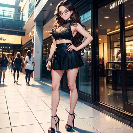 A very young girl, long curly brown hair, brown eyes, big breast, glasses, lace top tank, shiny miniskirt, high heels, talking by the Phone, in a mall, 8k, high quality, full body