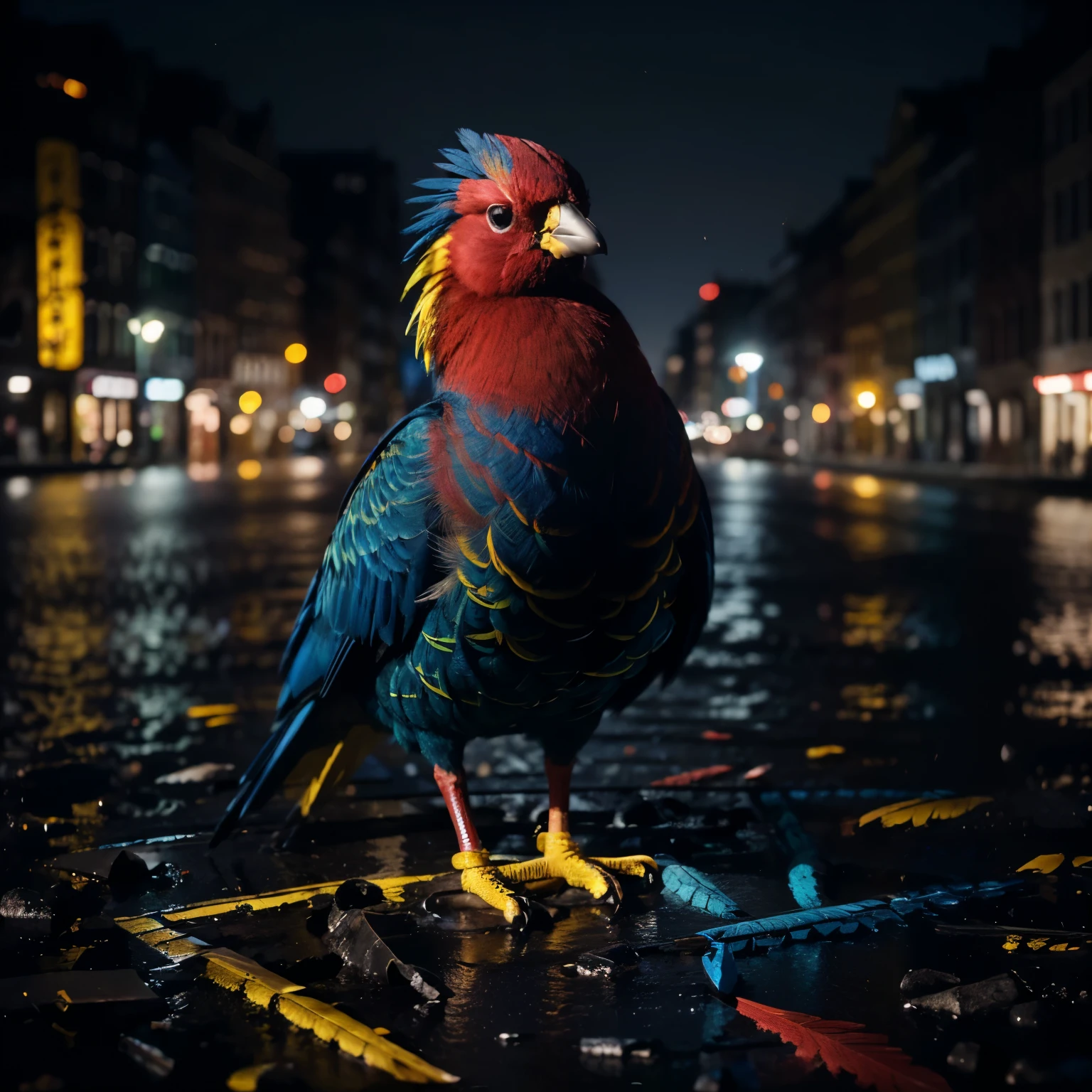 (extremely detailed 8k wallpaper), Dark Theme, (bird), ((red, yellow and blue feathers)), fine focus, (subsurface dispersion:1.1), award-winning photography, (city background), dramatic lighting.