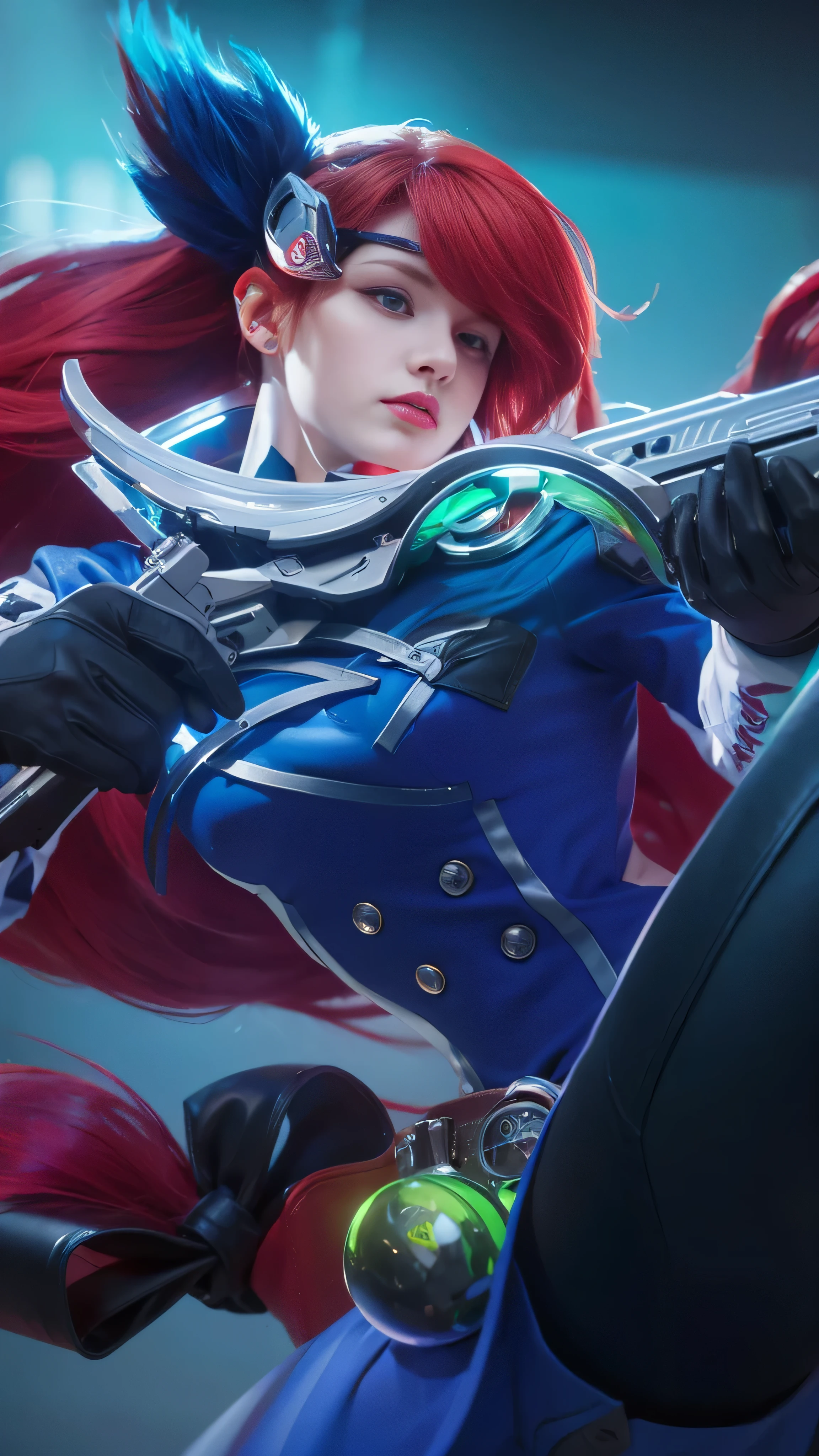 8k, very detailed, close up of a woman with red hair holding a gun