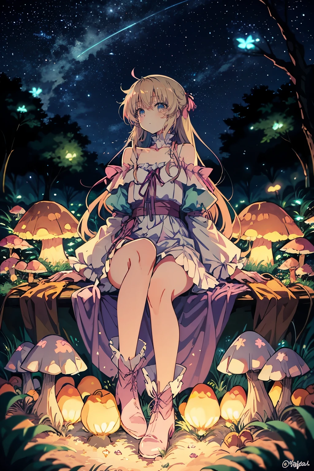 Light blonde haired anime girl with pale blue purple eyes wearing pink off shoulder puffy sleeves dress and knee length white boots sitting in the woods next to an orange mushroom surrounded by fireflies under starry sky sitting  