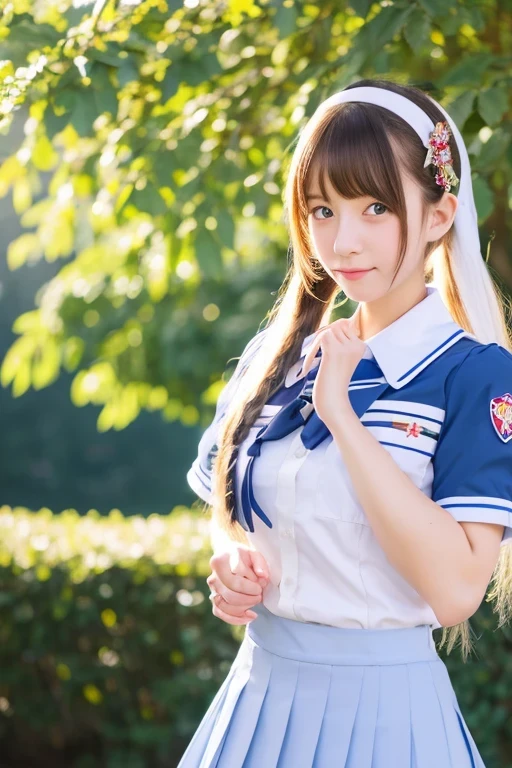 French girl in a sailor suit posing for a photo, ,japanese school uniform, wearing japanese school uniform, seifuku, anime cosplay, ayaka cosplay, cute high school girl, japanese girl uniform, cosplay photo, girl in uniform, beautiful anime high school girl, cosplay, surreal high school girl,blonde,green eyes, tall,