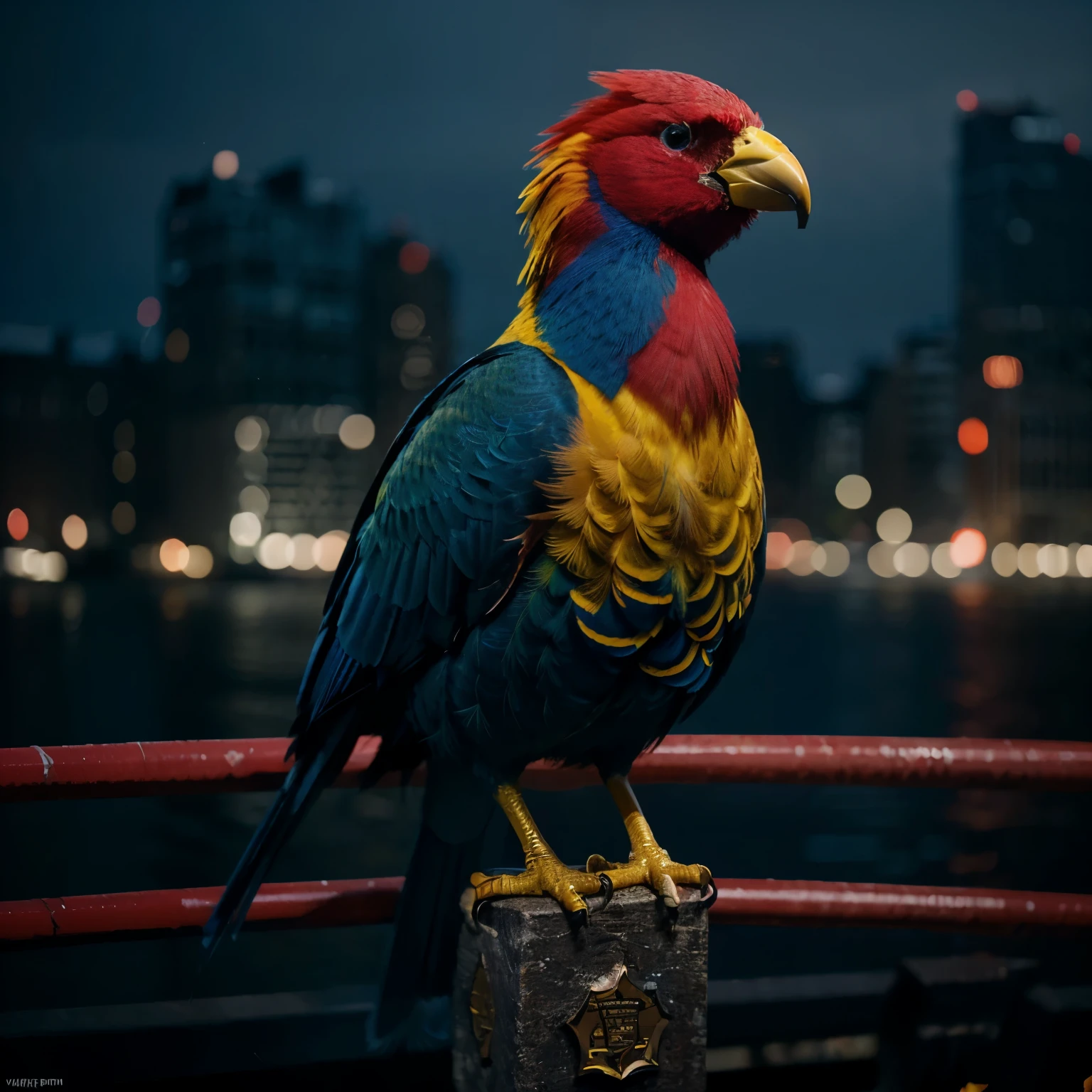 (extremely detailed 8k wallpaper), Dark Theme, (bird), ((red, yellow and blue feathers)), fine focus, (subsurface dispersion:1.1), award-winning photography, (city background), dramatic lighting.