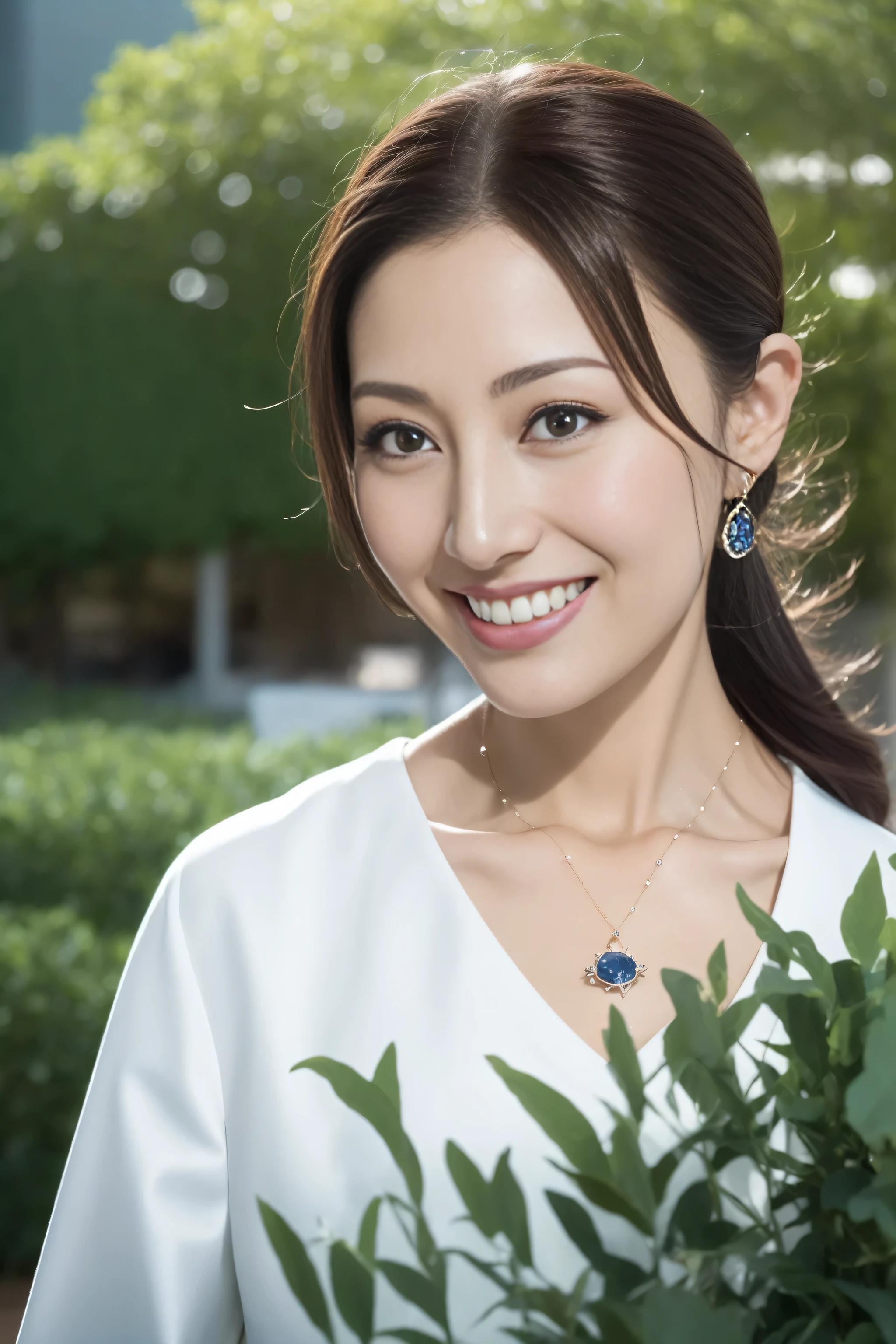 Background garden, front ponytail, eye reflex,  wear earrings, Sapphire pendant，Smile, high detail, , depth of field, spark of light, Ray tracing, viewfinder, Scale layers, close up, Bokeh, anatomically correct, high detail, 1080P, ultra high definition