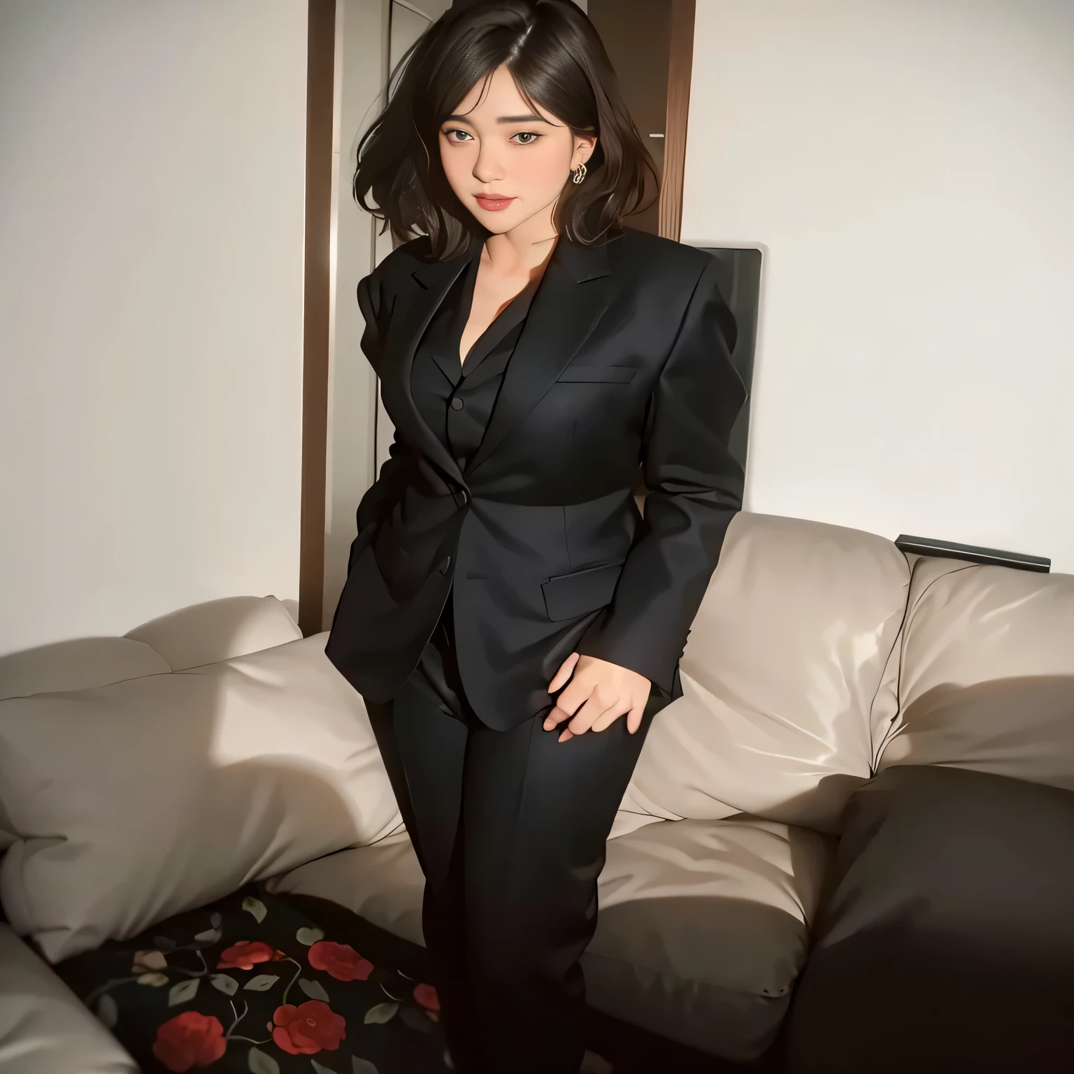 There is a woman standing in a room with a sofa, vestindo um terno preto, vestindo um terno preto, with a business suit on, em um terno rigoroso, in a business suit, vestindo um terno formal, vestindo um terno preto nobre, vestindo um terno da moda. Uma mulher com pele branca e cabelos escuros. Ela tem trinta anos. Seu vermelho, slightly plump lips are like a delicate flower, e ela grande, olhos encantadores parecem conter um mundo de maravilhas. Ela tem 30 anos. Your body exudes glamor and your face is the definition of beauty. pernas bem torneadas. Altamente realista, pele avermelhada, beautiful lips, sorriso, feeling of lightness and joy, hiperrealismo, pele muito elaborada, olhar direto, trabalho de arte, Foto de alta qualidade, high resolution, 8k.