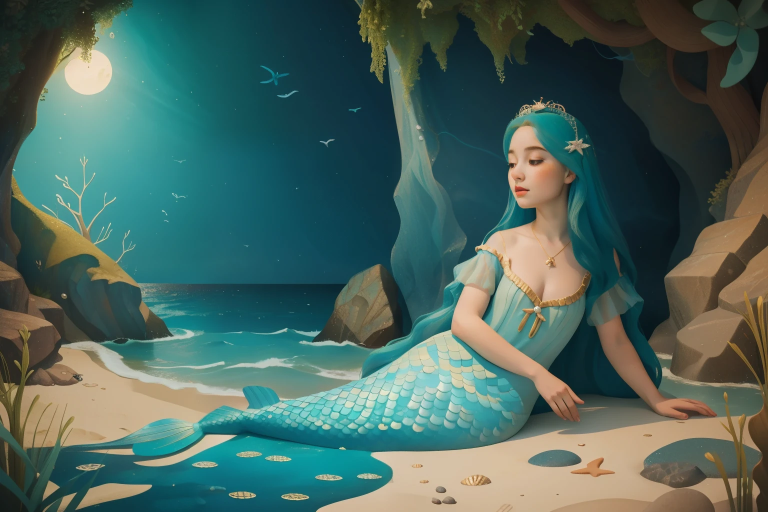 1640s Mermaid’s Lullaby by the Seaside (Location: Seaside Grotto)
Character: A mermaid, with shimmering scales and an enchanting voice, sings a lullaby to a mesmerized child on the shores of a seaside grotto during the 1640s. Wes Anderson's seaside palette paints a scene of timeless maritime magic.