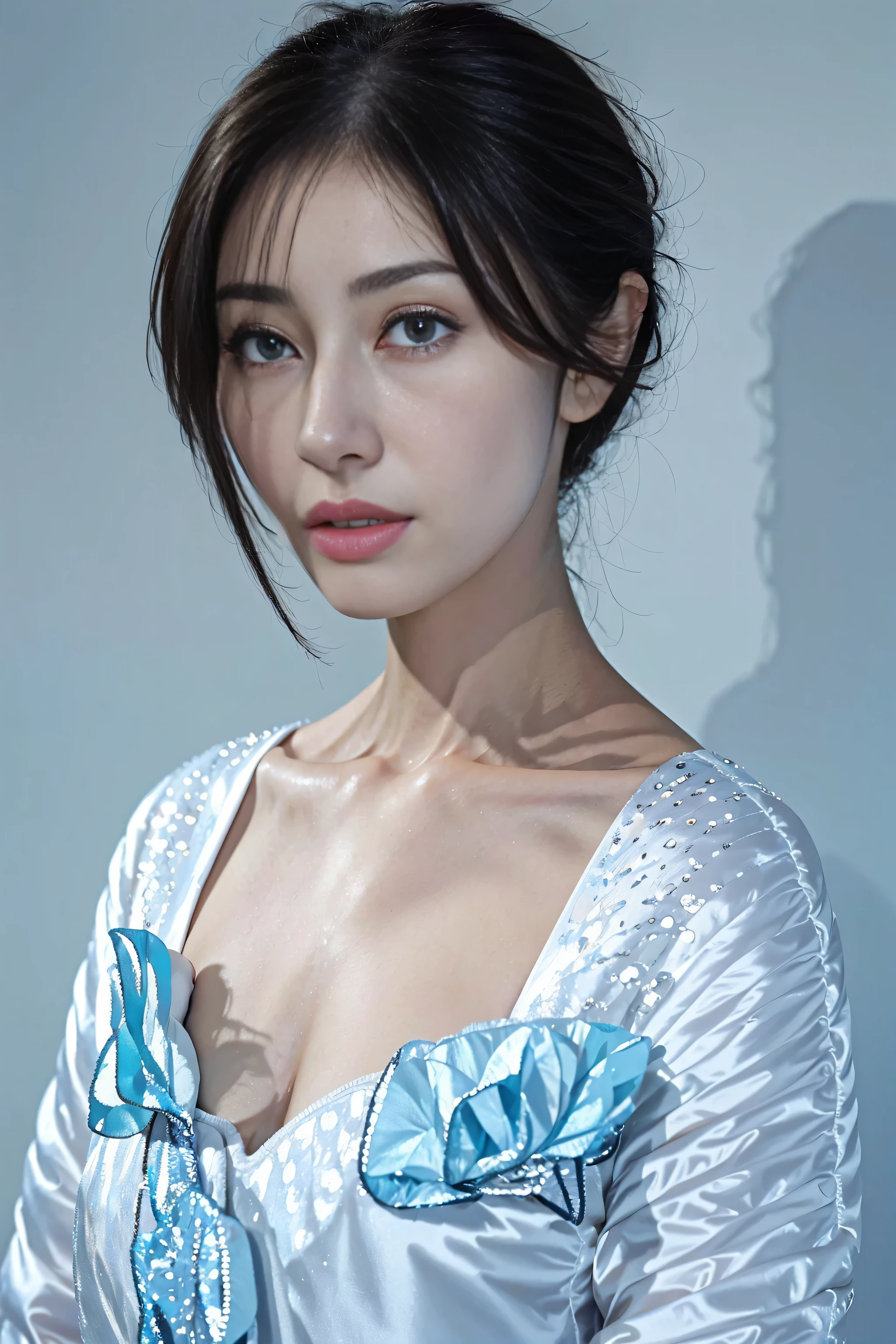 (masterpiece), actual, (portrait of a girl), ((face close-up)), pretty face, 阳Light, Light, Bangs, a beautiful woman, beautiful eyes, long hair, perfect anatomy, very cute, princess eyes , (black eyes) , (Frame the head), centered image, stylized, 生物发Light, 8 life size,8K resolution, White low-cut dress with blue details, human hand, Be curious, elegant, almost perfect, Dynamic, Very detailed, character table, concept art, Light滑的, presented directly to the audience,make their bodies symmetrical、balance, Very beautiful maiden, Detailed hairstyle,