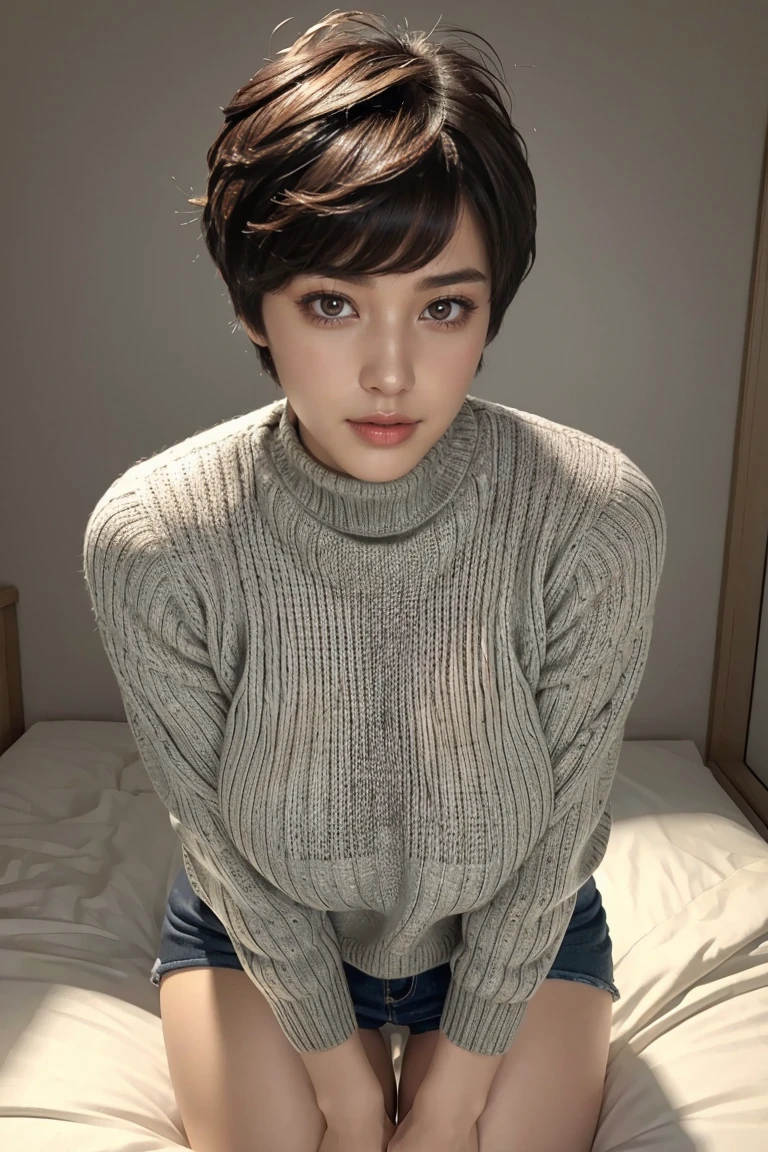 1 japanese female,(disheveled extra fluffy pixie cut:1.2)、8K、RAW photo、high quality、high quality、Extremely detailed photography、An eye for detail、super detail face、Super detailed reproduction of hair、super detail body、(photography lighting:1.3)、dark brown short hair、good lips、natural makeup、 (Dark grey cable knit turtleneck sweater:1.2)、(fine fabric:1.3), (slanted eyes)、tilting head, (huge breasts:1.2), thick thighs, thick waist, (realistic, photorealism: 1.37),(fullbodyshot),(hiheels),(standing),looking at viewer