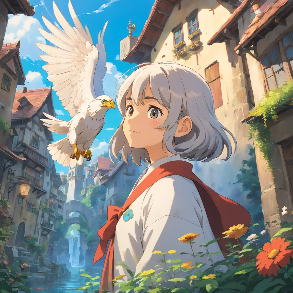 White eagle and boy painted in the style of primitivist realism,wizard、Magic Academy、Close-up、dark brown and white、Olympus irregular buildings）、patchwork cottage、Flower Embellishment、light、Concept art inspired by Andreas Rocha、 Art Station Contest Winners、fantasy art、(Underwater city)、lost run、light シャフト、realistic lighting、masterpiece、high quality、beautiful graphics、high details、masterpiece、high quality、beautiful graphics、high details、--v6