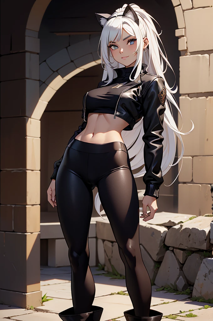 beautiful young female warrior fighter with cat ears on her head, com rosto bem detalhado e bonito, belos olhos, belos olhos, rosto lindo, beautiful young woman wearing long black leggings with black details, mini saia curta, usando jaqueta de couro preta, standing in a castle, usando bota preta, cabelo comprido com franja preto, ,orelhas de gato, belo sorriso, tomboy, um pouco musculosa,suter branco com cinta em volta, olhar serio,usando jaqueta de couro preto, com ombreiras de prata nos ombros, leather jacket
