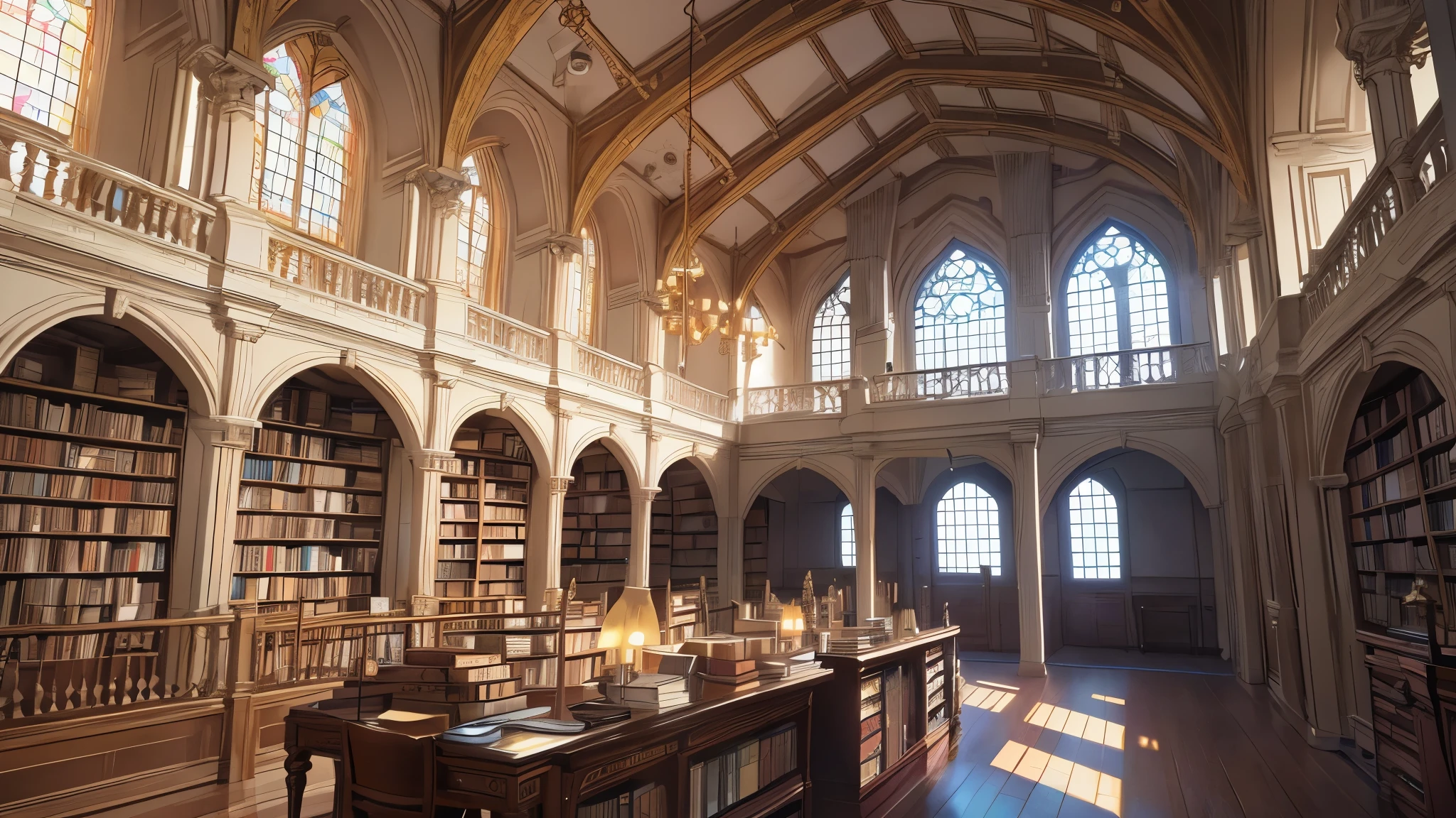 Wide shot of the castle library with pastel colors and shelves filled with bright books. (Fantasy, Mythical Creatures, Magical Scenes), Cartoon Scenes