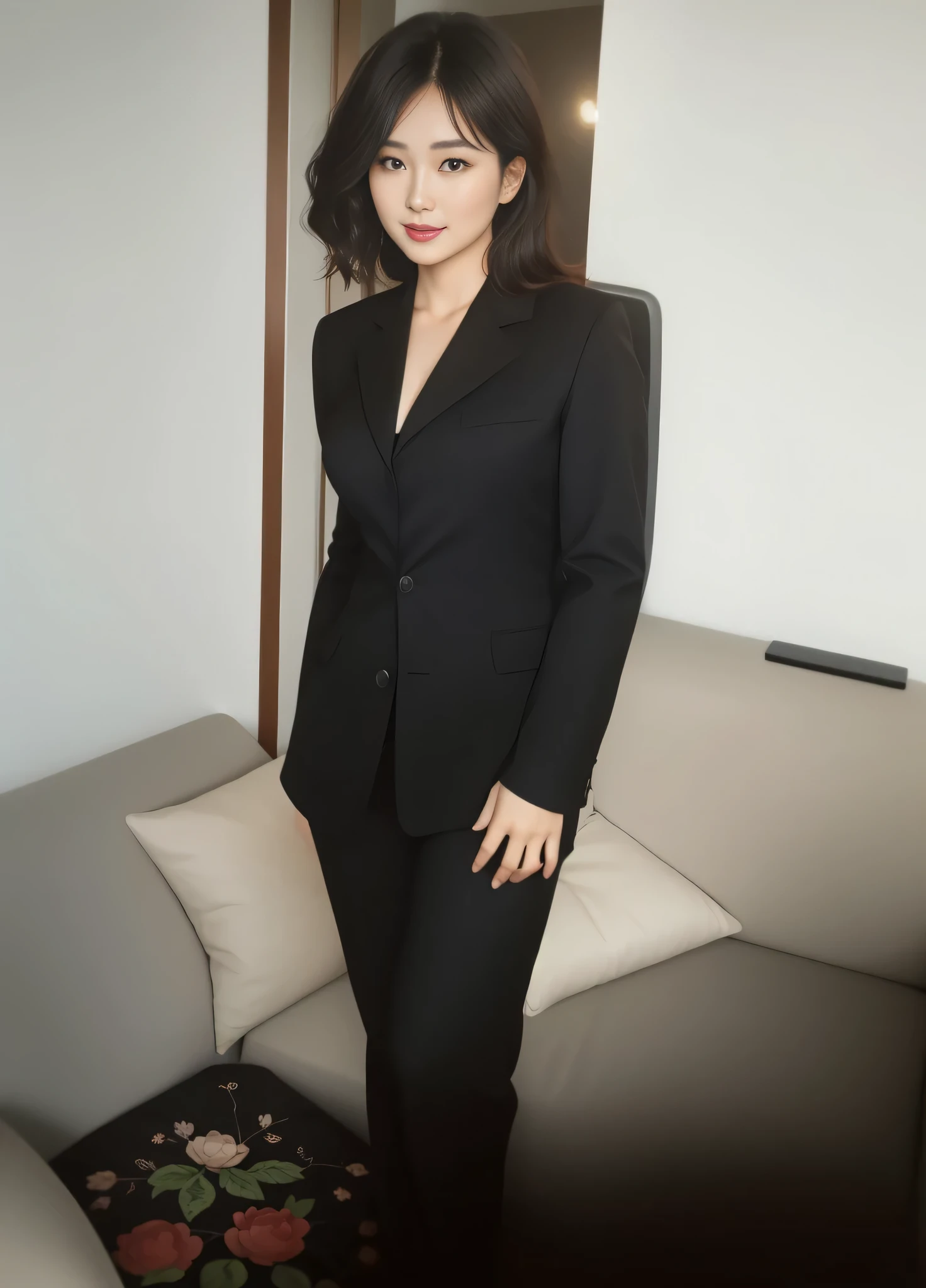 There is a woman standing in a room with a sofa, vestindo um terno preto, vestindo um terno preto, with a business suit on, em um terno rigoroso, in a business suit, vestindo um terno formal, vestindo um terno preto nobre, vestindo um terno da moda. Uma mulher com pele branca e cabelos escuros. Ela tem trinta anos. Seu vermelho, slightly plump lips are like a delicate flower, e ela grande, olhos encantadores parecem conter um mundo de maravilhas. Ela tem 30 anos. Your body exudes glamor and your face is the definition of beauty. pernas bem torneadas. Altamente realista, pele avermelhada, beautiful lips, sorriso, feeling of lightness and joy, hiperrealismo, pele muito elaborada, olhar direto, trabalho de arte, Foto de alta qualidade, high resolution, 8k.