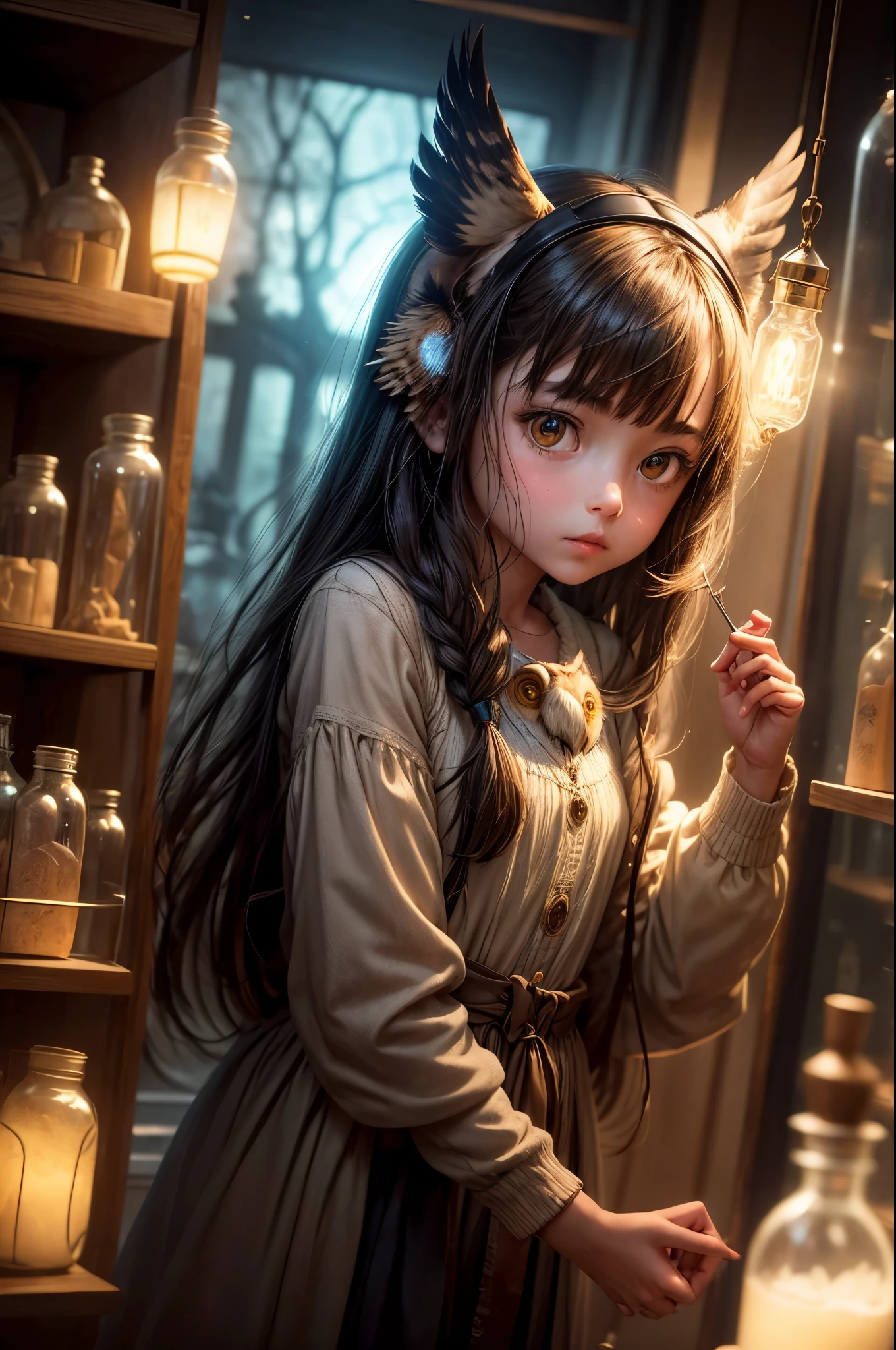In the twilight hours, a girl wearing an owl's head explores a Pharmacie filled with mysterious jars. The space is illuminated by gentle, tinted glass light beams, casting a dreamlike glow on every detail. Craft a ((masterpiece)) that balances the surreal with the comforting, evoking emotions of curiosity and wonder.