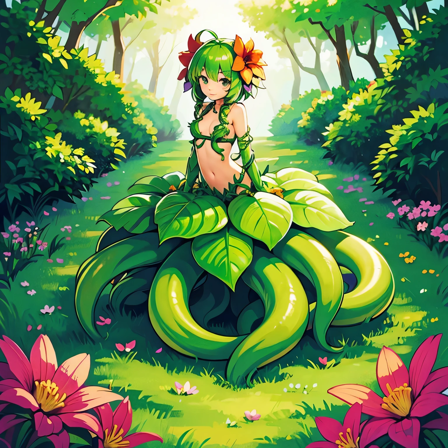 1girl, alraune, flower, vines, full body, outdoors, no legs