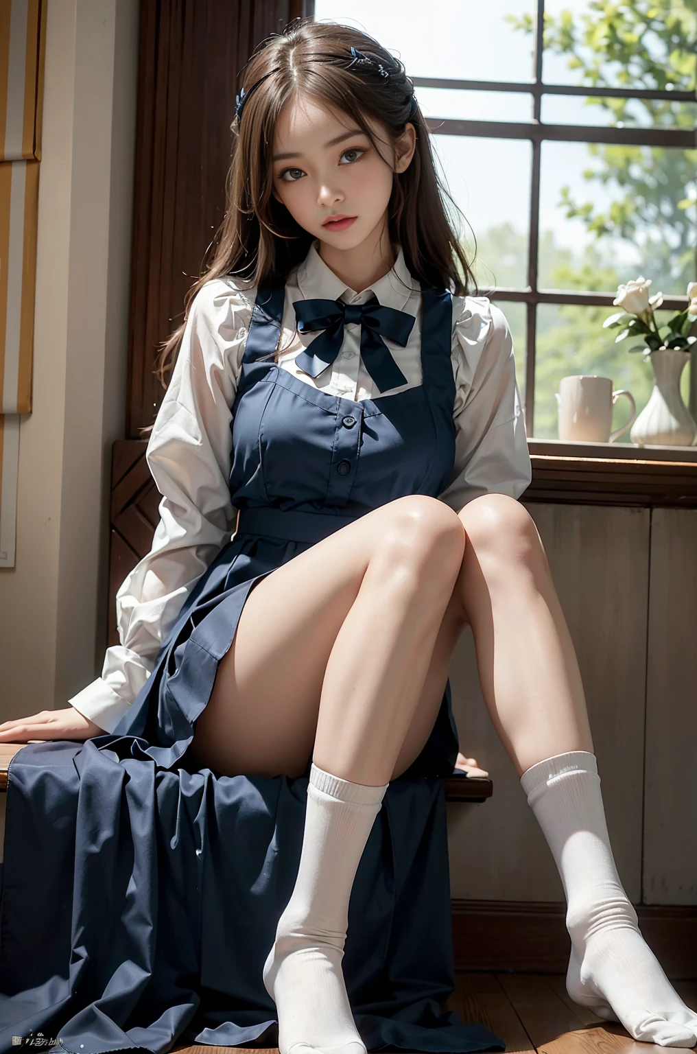 ulzzang-6500-v1.1, (raw photo:1.2), (photorealistic:1.4), beautiful detailed girl, very detailed eyes and face, beautiful detailed eyes, ridiculous, incredibly ridiculous, huge file size, super detailed, high resolution, very detailed, best quality, masterpiece, kemomimi, ((Japanese girls' high school uniform)), illustration, very detailed, CG, unified, 8k wallpaper, amazing, Fine details, masterpiece, best quality, very detailed CG uniform 8k wallpaper, light on face, cinematic lighting, 1girl, , ((no panties)), ((dynamic pose))), (camel toe), (half), (pantyhose), (knee-bending leg sitting))