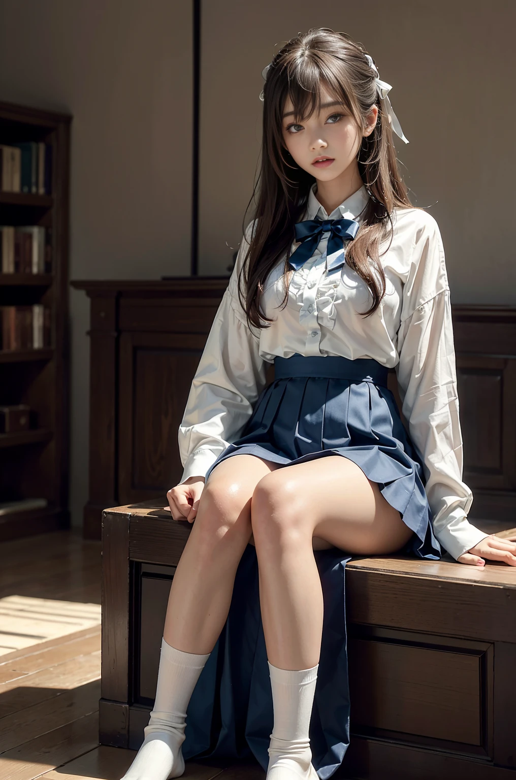 20 year old woman, (high top faded: 1.3), (low(low)), (soft focus), HD, masterpiece, HD, HD, 4K, 超HD, Very realistic shadows, Surrealism, 戏剧性的lamp光, a girl, alone, Detailed face, lifelike眼睛, lifelike皮肤, dynamic hair, dynamic poses, dynamic angle, (White shirt), (dark blue bow tie) , (((Dark blue long skirt)))), ((white hem socks))), library background, (original photo: 1.2), (lifelike: 1.4), beautiful and delicate woman, Extremely detailed eyes and face, beautiful and delicate eyes, Larger file size, 一个Very detailed的, high resolution, Very detailed, best quality, (bright interior), (soft light), (low对比度), ( see deeply), (Portrait of a beautiful woman illuminated by soft light), (Very delicate and elegant depiction), (short bangs), (Head color is dark chestnut,Slightly brownish), (Subtle and silky waves), (long hair两侧错综复杂地编织小辫子), ((white hem socks))), illustration, Very detailed, BAPV, Unite, 8k wallpaper, Astonishing, Exquisite details, best quality, Highly detailed integrated 8K wallpapers so far this year, Coordinating Minister, lamp, 1 girl, 25 years old, (((No)), (camel toe), (half), (Sit on bent knees and legs)), long hair, dark theme, soothing tone, pastel colors, high contrast, (natural skin texture, Surrealism, soft light, No耐烦), Capturing the serene beauty of a young woman immersed in the peaceful atmosphere of a library.. Soft diffused light gently illuminates her features., It emphasizes her sophisticated look and creates a calm atmosphere. Library shelves filled with books,Provide background on knowledge and wisdom. It focuses on capturing models'Natural charm and elegance, Stay calm and consider the nature of the moment. Cute 21 year old Japanese gravure model,Soft body, gray brown wavy hair, Decorate with ribbon, charming appearance. She wears a frilly white blouse, Blue ruffled skirt and white ruffled socks. sitting on bed, She hugged her knees,Staring at the camera, Exudes melancholy charm. Create scenes where beauty and ephemerality intertwine, national foundation