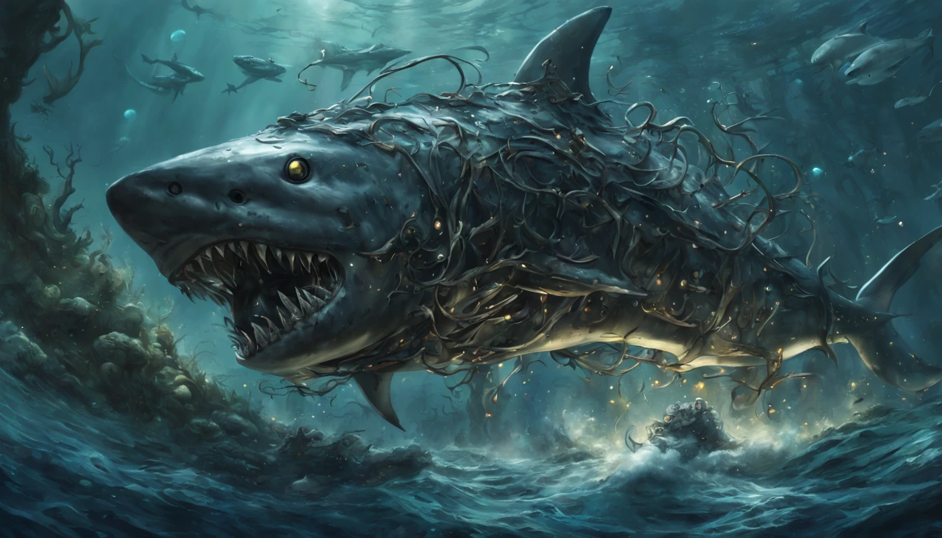 (anime, sci-fi, concept artists),(best quality, ultra-detailed, realistic:1.37),machine shark,robotic sea monster,mechanical aggression,sharp teeth,glowing eyes,dark and menacing presence,metallic scales,glistening armor plates,blue and silver color scheme,underwater biome,swirling currents and bubbles,sunken ship wreckage,haunting ocean depths,seaweed tendrils and coral formations,high-tech aquatic predator,ominous atmosphere,stunning visual effects,action-packed scene,stark contrast of light and shadow,suspense and thrill,epic battle between machine shark and divers,immersing the viewers into an intense and immersive sci-fi underwater world.