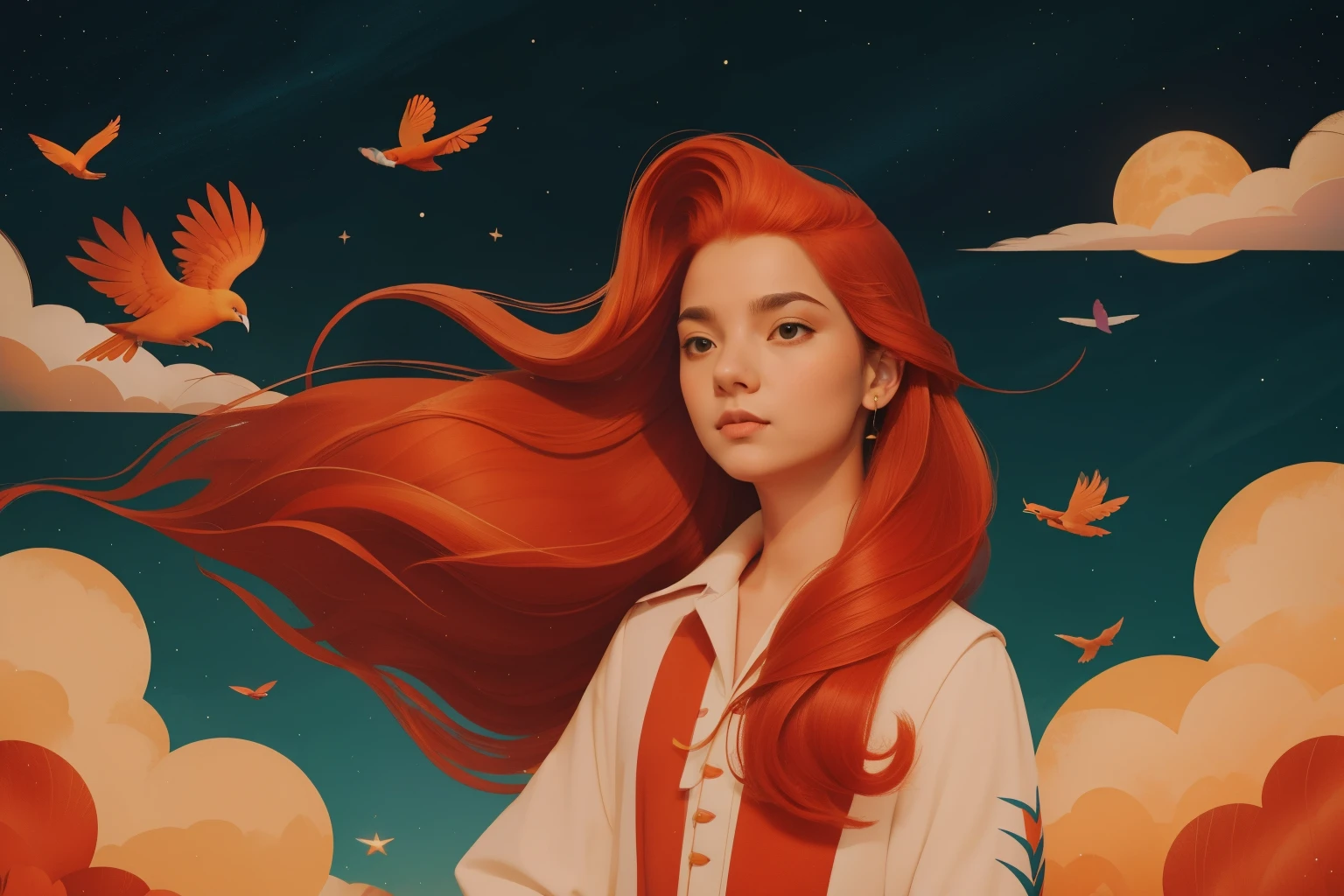1720s Phoenix Feathers on the Floating Observatory (Location: Floating Observatory)
Character: A mysterious , with fiery red hair and adorned in phoenix feathers, gazes into the cosmos from a floating observatory during the 1720s. Wes Anderson's cosmic palette captures the magical essence of the celestial realm.