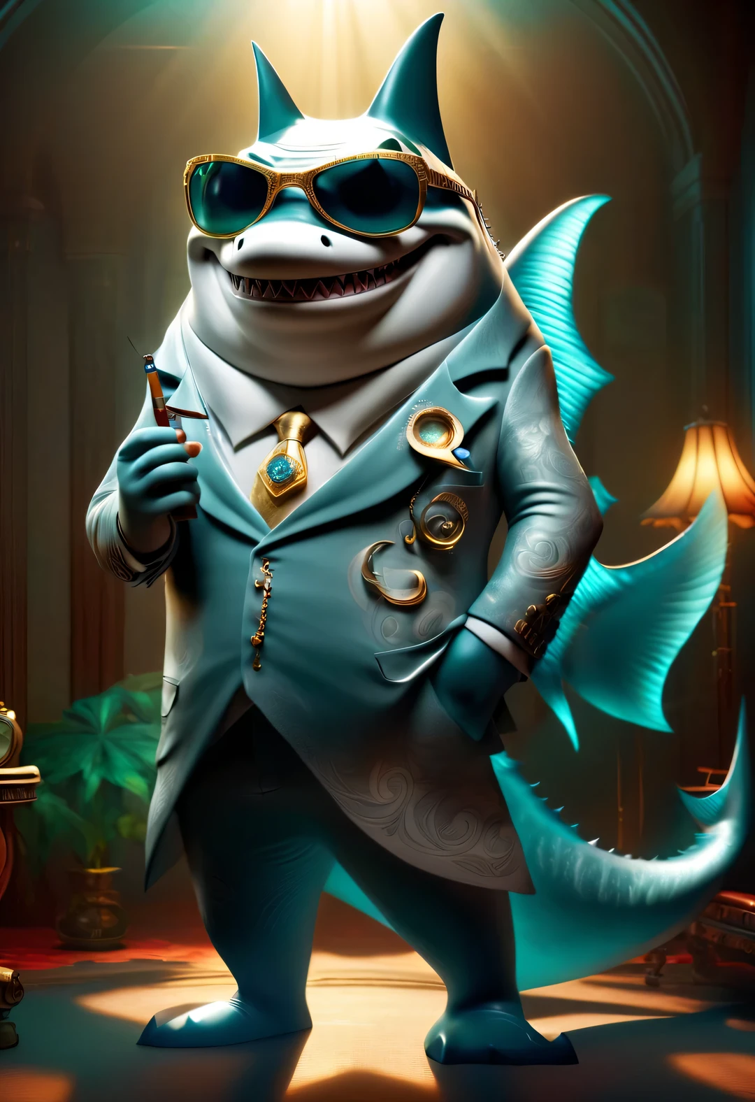 (role conception), Very unified CG design, (The leader of the Jaws gang in Reno wears sunglasses and smokes a cigar), (whole body), inspired by animated movies "shark tale". The Reno great white shark is a giant、majestic great white shark, Wear a necklace with red gemstones and a pair of gold sunglasses. His skin is dark blue, Covered with white scars, His eyes are cold silver, Shining with cunning and wisdom. His teeth are sharp and pointy, His tail is thick and powerful. background: Underwater Fairy Tale City Bank Office, Bank office anthropomorphic cartoon, Pixar, Japanese cartoons, disney,