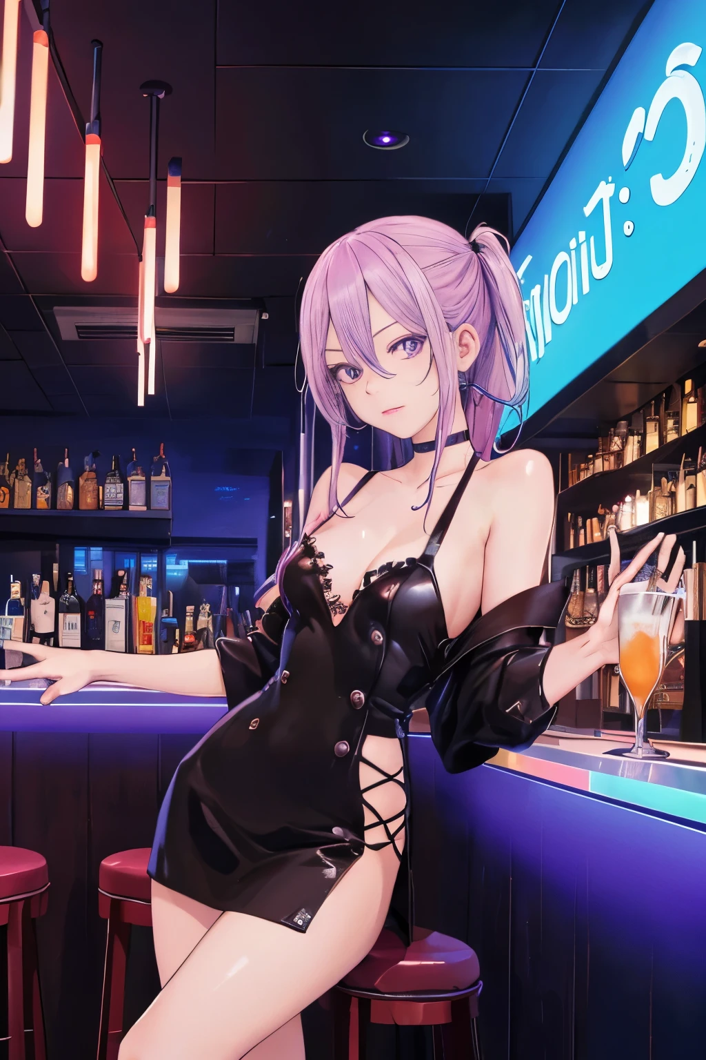 (masterpiece, 最high quality, high quality, High resolution, super detailed),  cyber style bar girl, 1 girl,  alone, at the nightclub ,PUB, BAR shoulders,  break, rainbow hair,