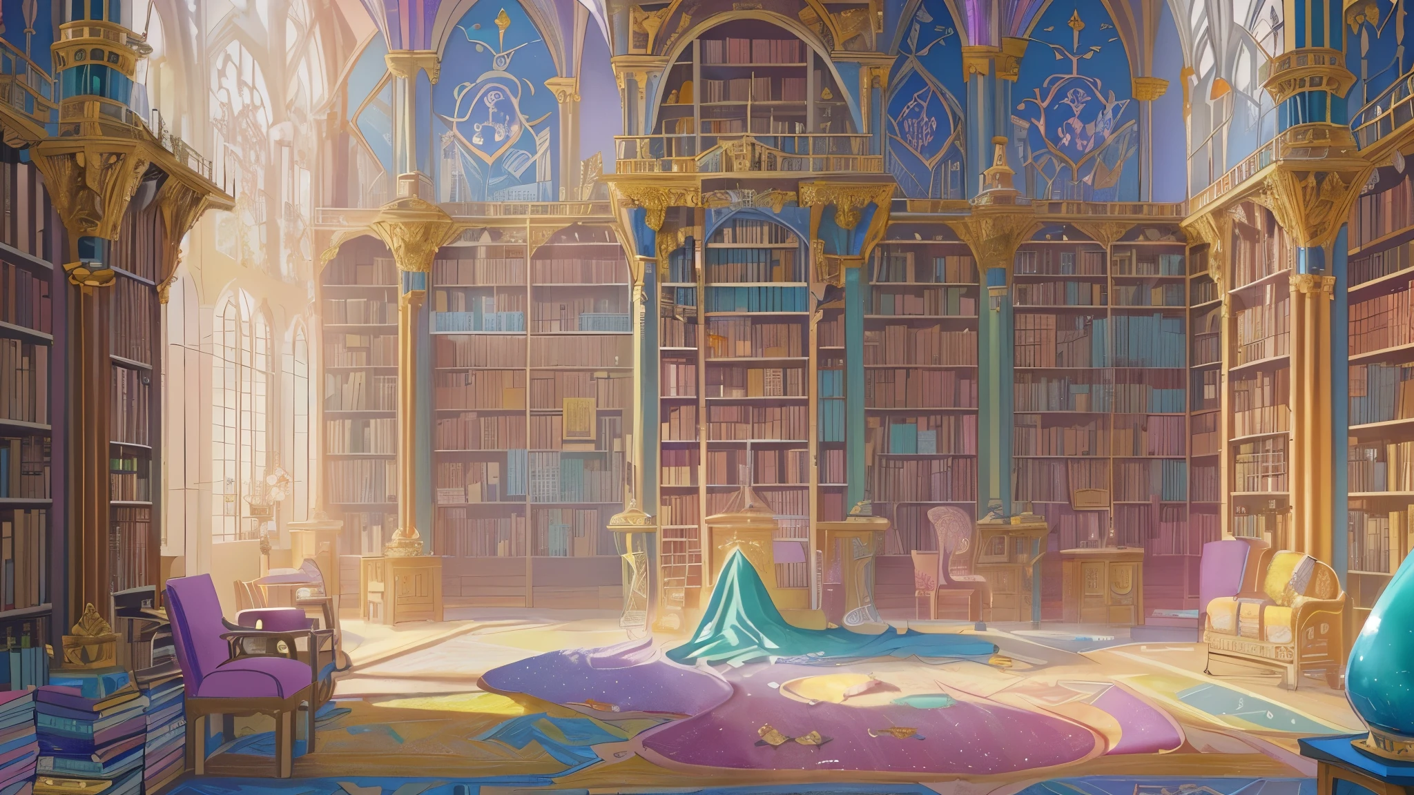 Wide shot of the castle library with pastel colors and shelves filled with bright books. (Fantasy, Mythical Creatures, Magical Scenes), Cartoon Scenes