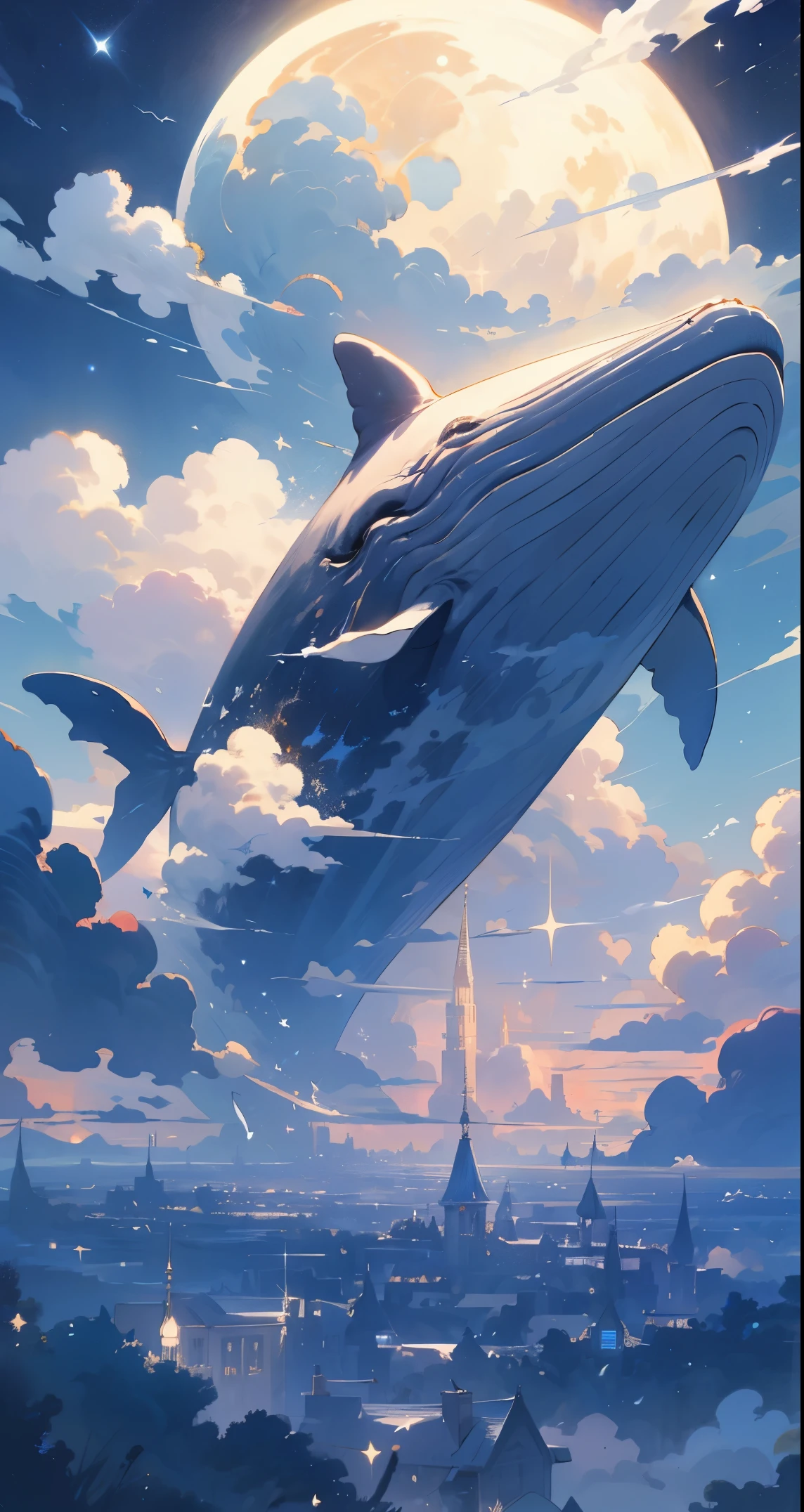 humpback, cloud,(building), sky, moon, star (sky), scenery, no humans, starry sky, night, fish, night sky, full moon, cloudy sky, outdoors, fantasy