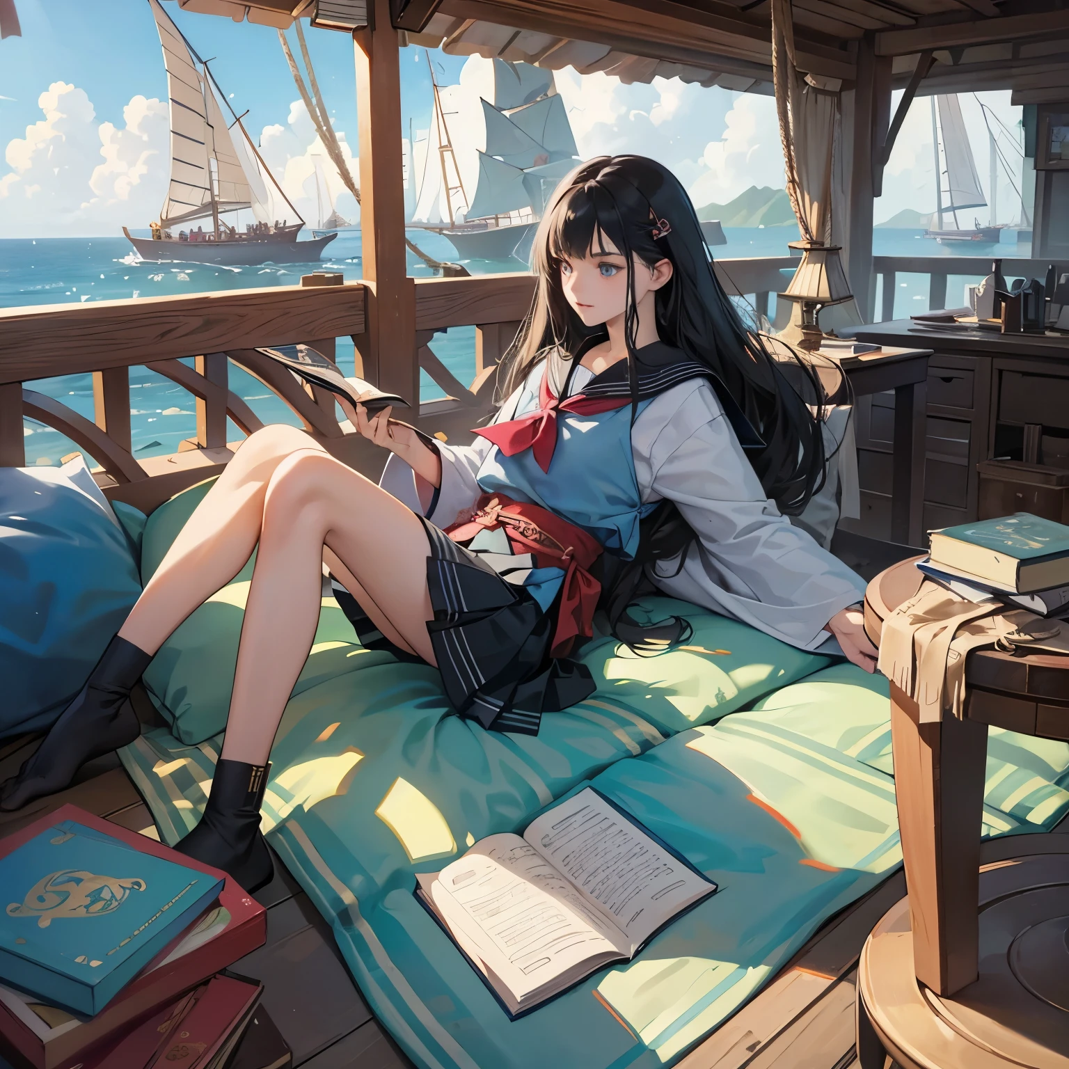 Sulamith Wülfing, A E Marty, Surreal, mysterious, strange, fantastical, fantasy, Sci-fi, Japanese anime, sea of ​​books and stories, sailing yacht, miniskirt beautiful sailor, perfect body, detailed masterpiece 