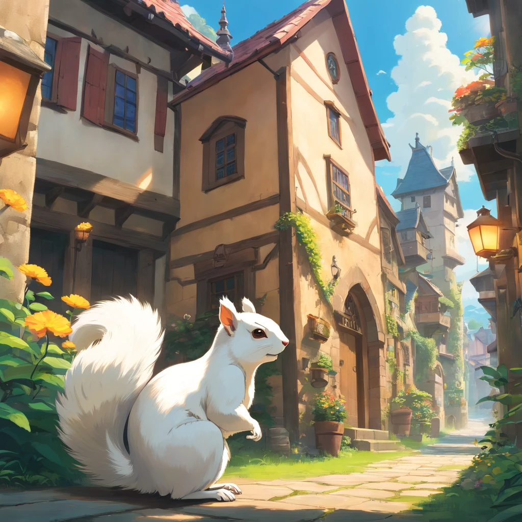 White squirrel and boy drawn in the style of primitivist realism,wizard、Magic Academy、Close-up、dark brown and white、Olympus irregular buildings）、patchwork cottage、Flower Embellishment、light、Concept art inspired by Andreas Rocha、 Art Station Contest Winners、fantasy art、(Underwater city)、lost run、light シャフト、realistic lighting、masterpiece、high quality、beautiful graphics、high details、masterpiece、high quality、beautiful graphics、high details、--v6