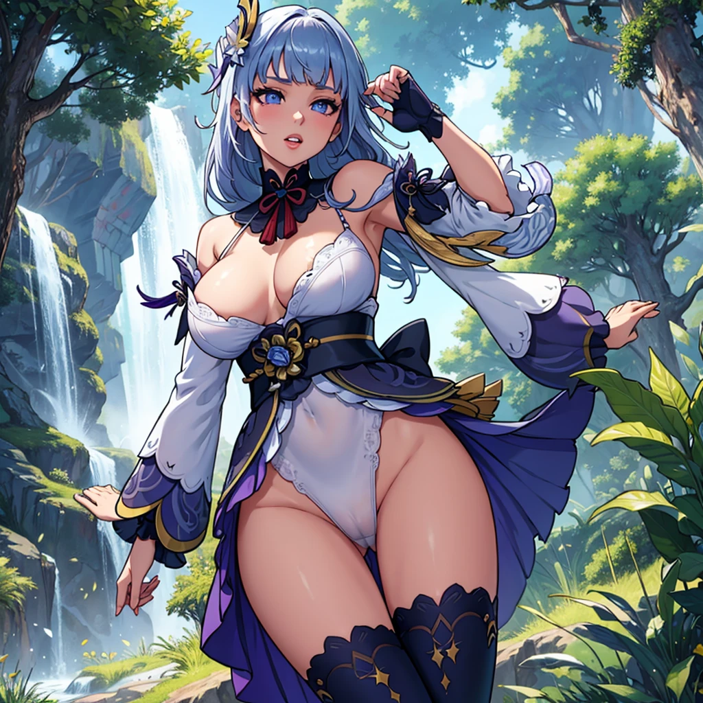finest image, portrait, beautiful cute woman, amorous expression, lewd expression, ecstasy, orgasm, blonde braided bangs iridescent long hair, gold sparkling big eyes, red alluring moist big thick lips, medium breasts, slender, perfect proportion, long thin legs, navy blue and white girly ruffle dress, skirt lift, white panty, white knee high socks, thighs, background fantasy, a hill with a large tree full of fresh greenery, that emits fantastic light, light particles, light sparkles, petals, scatter gold and silver glitter and confetti, iridescent light particles, detailed and delicate depiction, professional lighting, ((raiden_shogun from genshin impact))