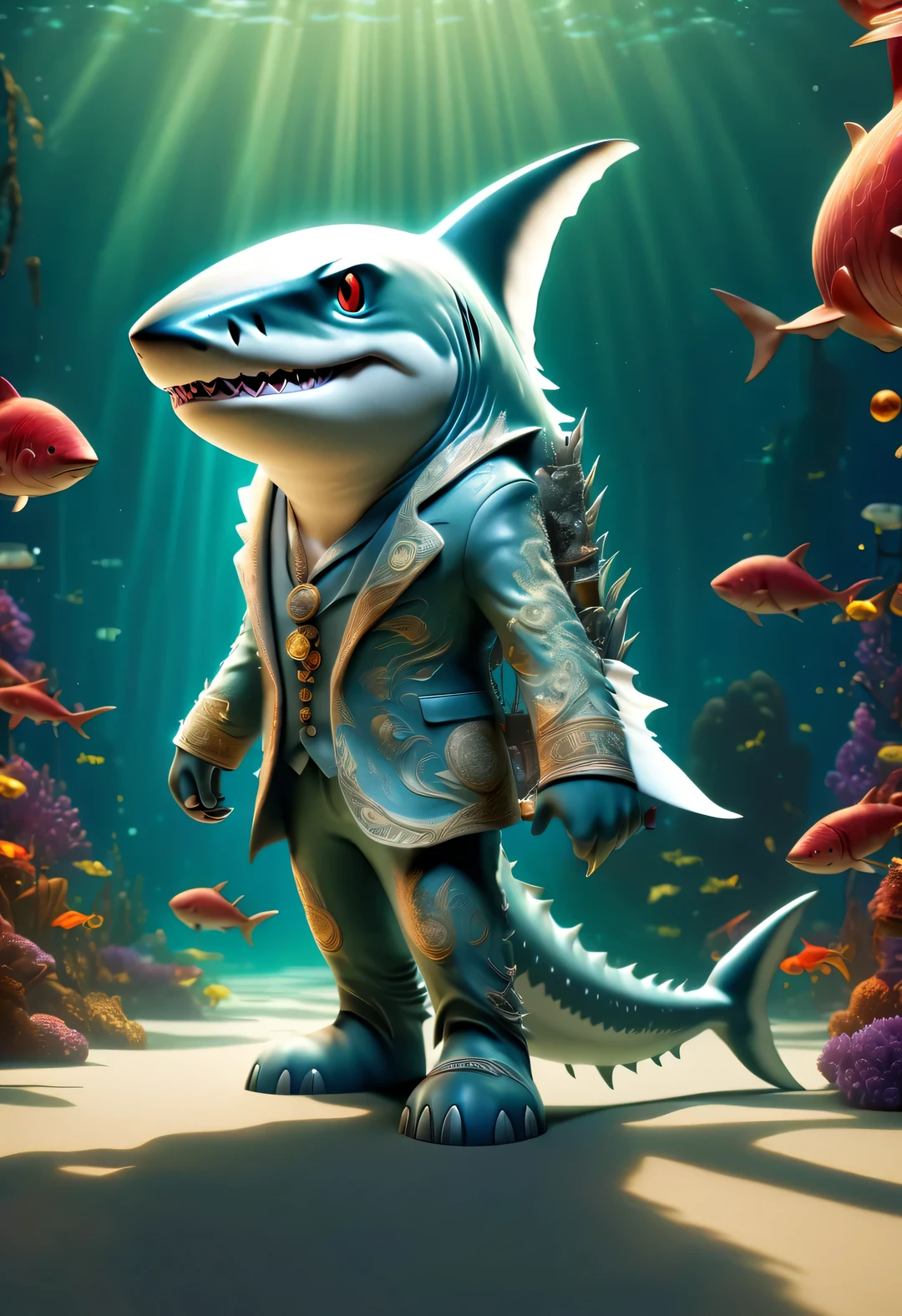 (role conception), Very unified CG design, (Reno Jaws gang leader wearing sunglasses makes desperate escape on underwater streets), (whole body), inspired by animated movies "shark tale". The Reno great white shark is a giant、majestic great white shark, Wear a necklace with red gemstones and a pair of gold sunglasses. His skin is dark blue, Covered with white scars, His eyes are cold silver, Shining with cunning and wit. His teeth are sharp and pointy, His tail is strong and powerful. background: Underwater Boy City Bank Office, Bank office anthropomorphic cartoon, Pixar, Japanese cartoons, disney,