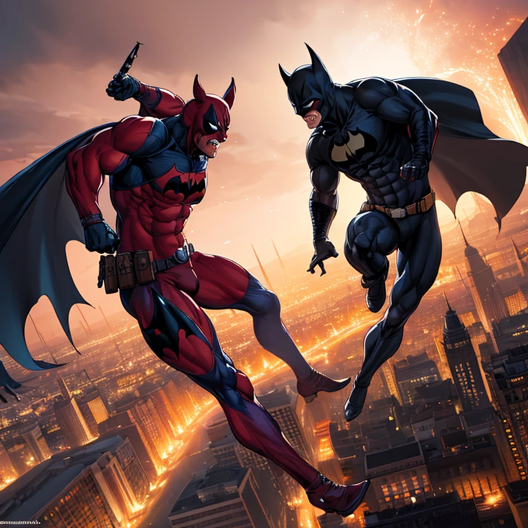 (best quality, 4k, 8k, highres, masterpiece:1.2), ultra-detailed,
The epic showdown between Batman and Deadpool lights up the Darkened cityscape with its towering buildings and ominous silhouettes. Every detail is intricately rendered in this photorealistic comic book style masterpiece. Fiery explosions illuminate the night sky while dynamic action poses and intense expressions convey a sense of raw power and determination.
Batman's muscular body is on full display in his ripped costume, every ripple and vein visible as he clashes with Deadpool. Their twisted grins and sparks flying from the cl