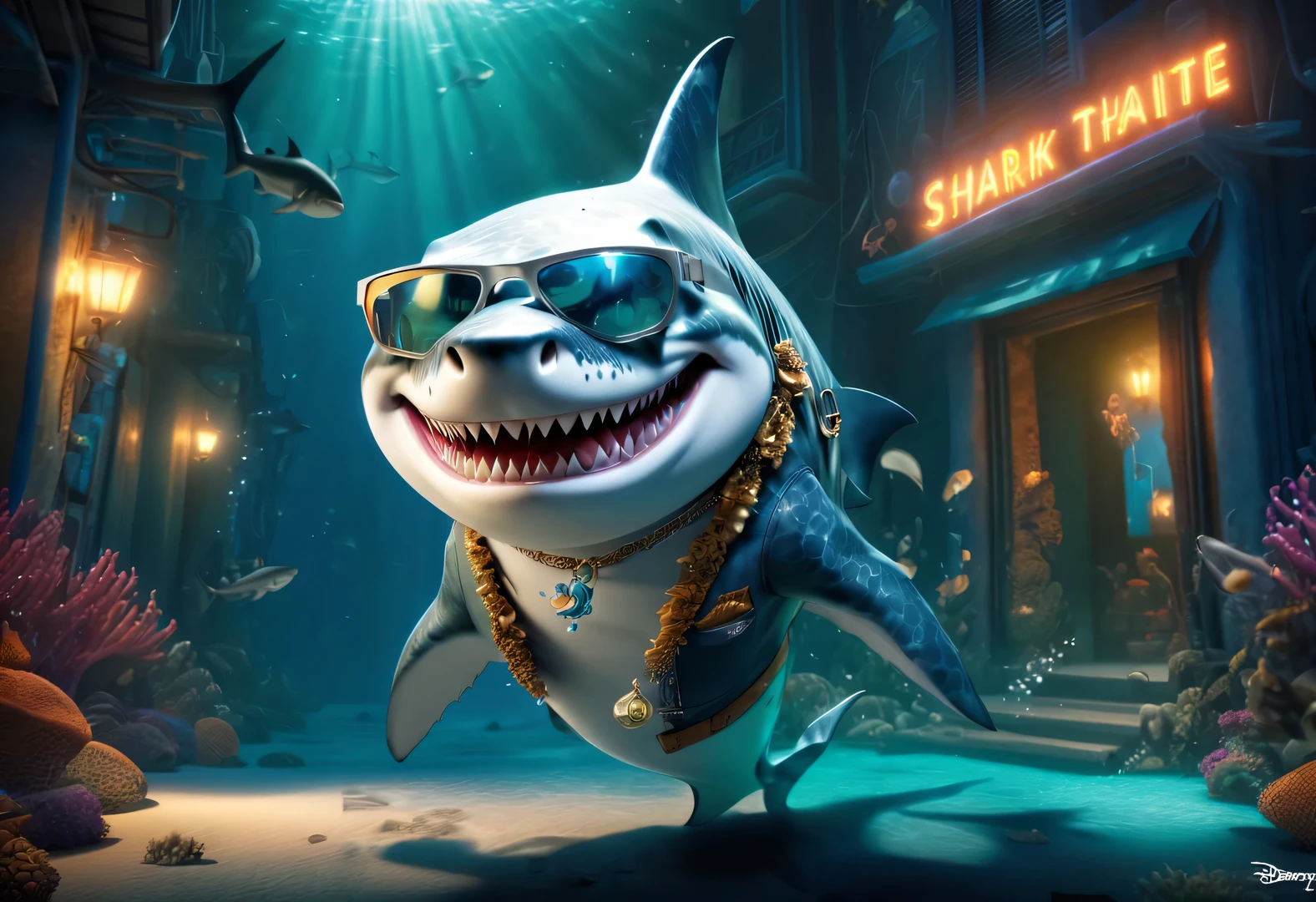 (role conception), Very unified CG design, (Reno Jaws gang leader wearing sunglasses makes desperate escape on underwater streets), (whole body), inspired by animated movies "shark tale". The Reno great white shark is a giant、majestic great white shark, Wear a necklace with red gemstones and a pair of gold sunglasses. His skin is dark blue, Covered with white scars, His eyes are cold silver, Shining with cunning and wit. His teeth are sharp and pointy, His tail is strong and powerful. background: Underwater Boy City Bank Office, Bank office anthropomorphic cartoon, Pixar, Japanese cartoons, disney,