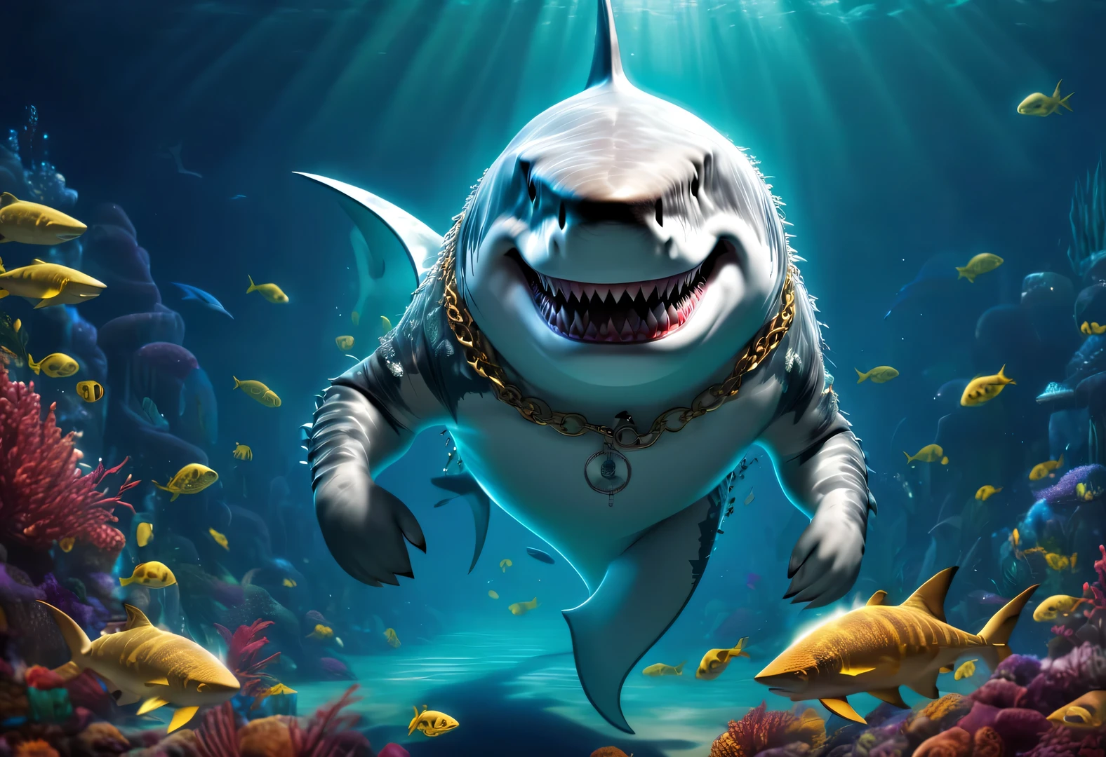 (role conception), Very unified CG design, (Reno Jaws gang leader wearing sunglasses makes desperate escape on underwater streets), (whole body), inspired by animated movies "shark tale". The Reno great white shark is a giant、majestic great white shark, Wear a necklace with red gemstones and a pair of gold sunglasses. His skin is dark blue, Covered with white scars, His eyes are cold silver, Shining with cunning and wit. His teeth are sharp and pointy, His tail is strong and powerful. background: Underwater Boy City Bank Office, Bank office anthropomorphic cartoon, Pixar, Japanese cartoons, disney,