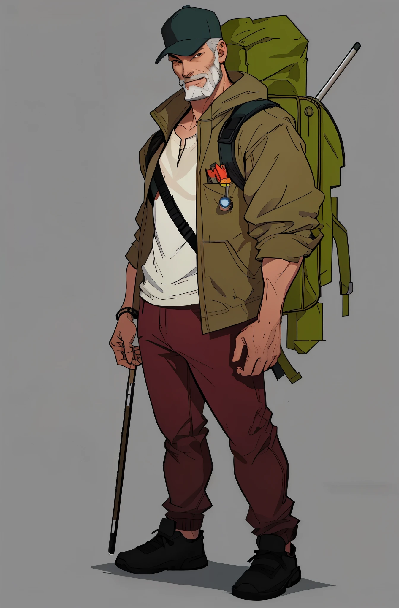(masterpiece,top quality,best quality) bold outline style,a man,hero,Relaxing posture,A middle-aged street businessman,Wearing a cloak,weathered,facial details,Perfect facial structure,Carrying a large backpack,Big green backpack,The backpack contains all kinds of weird things,Full of beard,Full of vicissitudes,Looking at the camera with a cunning smile,have a cane,Wear a cap,hip hop mix,American comic book style,There are some dirty stains on the body,solid color background,HD details,HD quality