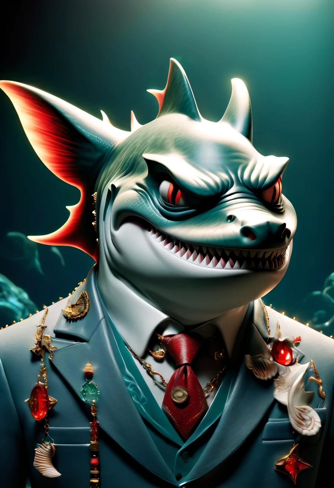 （character idea），Very unified CG design，（Reno&#39;s Jaws gang leader wearing sunglasses，Smoking a large cigar），（whole body），inspired by animation《shark story》。The Reno great white shark is a giant、majestic great white shark，Wearing a red gemstone necklace and gold sunglasses，His skin is dark blue，Covered with white scars，His eyes are cold silver，Shining with cunning and wisdom, His teeth are very sharp，The tail is thick and powerful，background：水下童话城市bank office、bank office ，deflate，Anthropomorphic cartoon、Pixar、cartoon、disney、