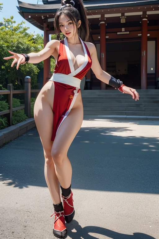 (mai shiranui:1.5), (tabi:1.6), (Full body portrait:1.6), Full body, (Realism), (master piece:1.5), (Best Quality), (ultra-detailliert), (8K, 4K, Convoluted), (Flat Lighting:1.2), (skinny), Prestige, Brown eyes, Long hair, brown eyes, long hair, brown hair, white ribbon, sleeveless, ponytail, sash, pelvic curtain, arm guards, gloves, tabi, fascinated expression, Sexy eyes, slim, medium breasts, Smile, Cute, view the viewer, Long hair, Close to Japan temple, (breasts focus:1.2), (Realistic:1.2), (Full Shot: 1.2), (85 mm), light Particle, Lighting, (Highly detailed:1.2), (Detailed face:1.2), (gradients), SFV, Colorful, (Detailed eyes:1.2), (Detailed temples of Japan: 1.2),(Detailed background), (Dynamic Angle:1.2), (Dynamic Pose:1.2), (Line of action:1.2), Wide Shot, Daylight, Solo.