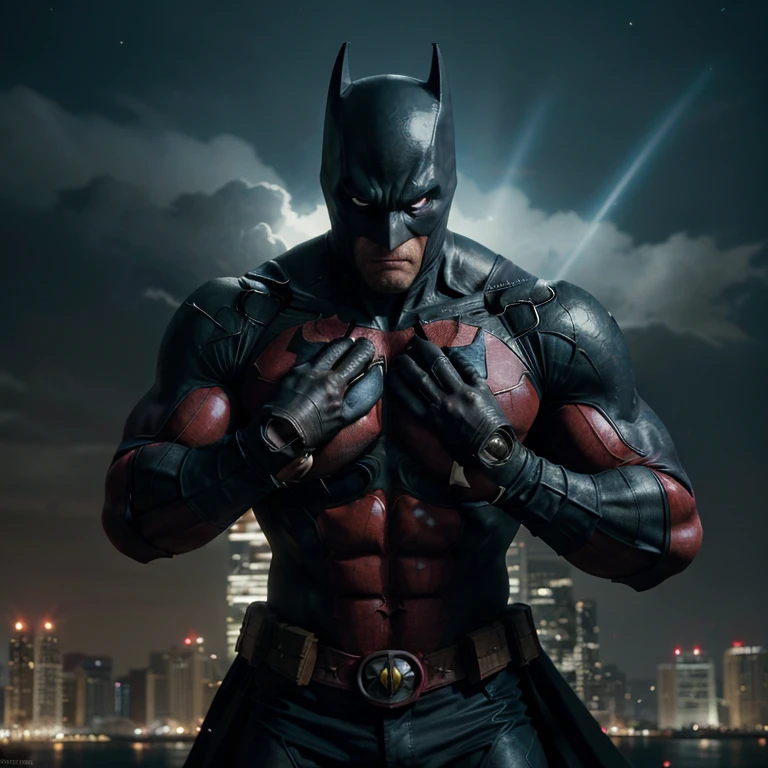 (best quality, 4k, 8k, highres, masterpiece:1.2), ultra-detailed,
The epic showdown between Batman and Deadpool lights up the Darkened cityscape with its towering buildings and ominous silhouettes. Every detail is intricately rendered in this photorealistic comic book style masterpiece. Fiery explosions illuminate the night sky while dynamic action poses and intense expressions convey a sense of raw power and determination.
Batman's muscular body is on full display in his ripped costume, every ripple and vein visible as he clashes with Deadpool. Their twisted grins and sparks flying from the cl