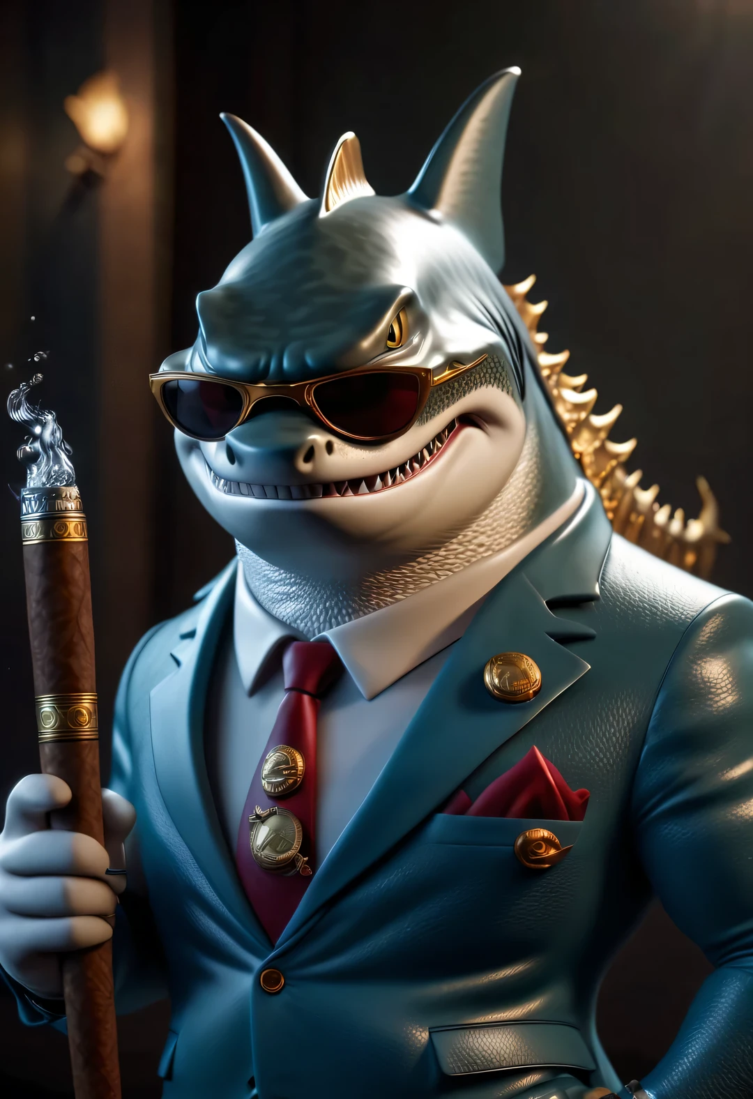 （character idea），Very unified CG design，（The leader of the Jaws gang in Reno wears sunglasses，Smoking a cigar.），（whole body），inspired by animation《shark story》，The Reno great white shark is a giant、majestic great white shark，Wearing a red gemstone necklace and gold sunglasses，His skin is dark blue，Covered with white scars，His eyes are cold silver，Shining with cunning and wisdom, His teeth are very sharp，The tail is thick and powerful，background：水下童话城市bank office、bank office ，deflate，Anthropomorphic cartoon、Pixar、cartoon、disney、