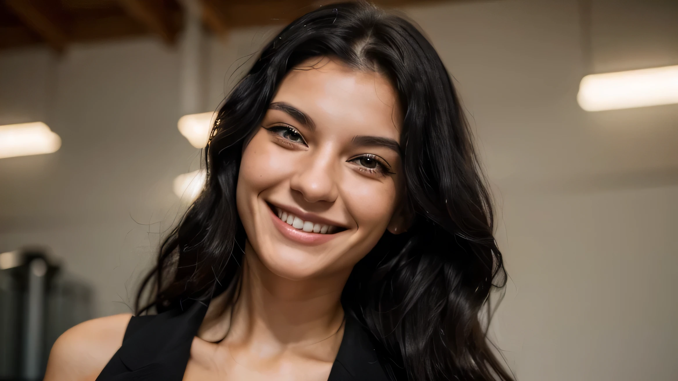 A beutiful 20-23 years old European women with big smile on her face, Wavy black hairs. She should have a fitness model body. Ultrarealistic
