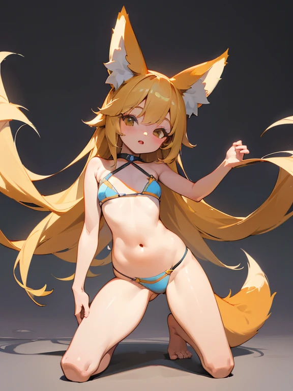 masterpiece, Best Quality, (Very detailed CG Unity 8K wallpaper), (Best Quality), Best Shadow, girl with fox ears, contrapposto, spread legs, bikini, (female child: 1.3), moody lighting, (Highest Quality, Amazing details: 1.25), (Solo)