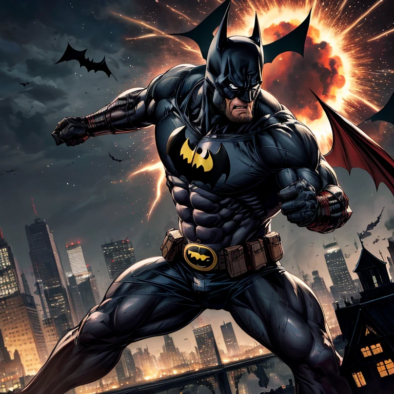 (best quality, 4k, 8k, highres, masterpiece:1.2), ultra-detailed,
The epic showdown between Batman and Deadpool lights up the Darkened cityscape with its towering buildings and ominous silhouettes. Every detail is intricately rendered in this photorealistic comic book style masterpiece. Fiery explosions illuminate the night sky while dynamic action poses and intense expressions convey a sense of raw power and determination.
Batman's muscular body is on full display in his ripped costume, every ripple and vein visible as he clashes with Supermn. Their twisted grins and sparks flying from the cl