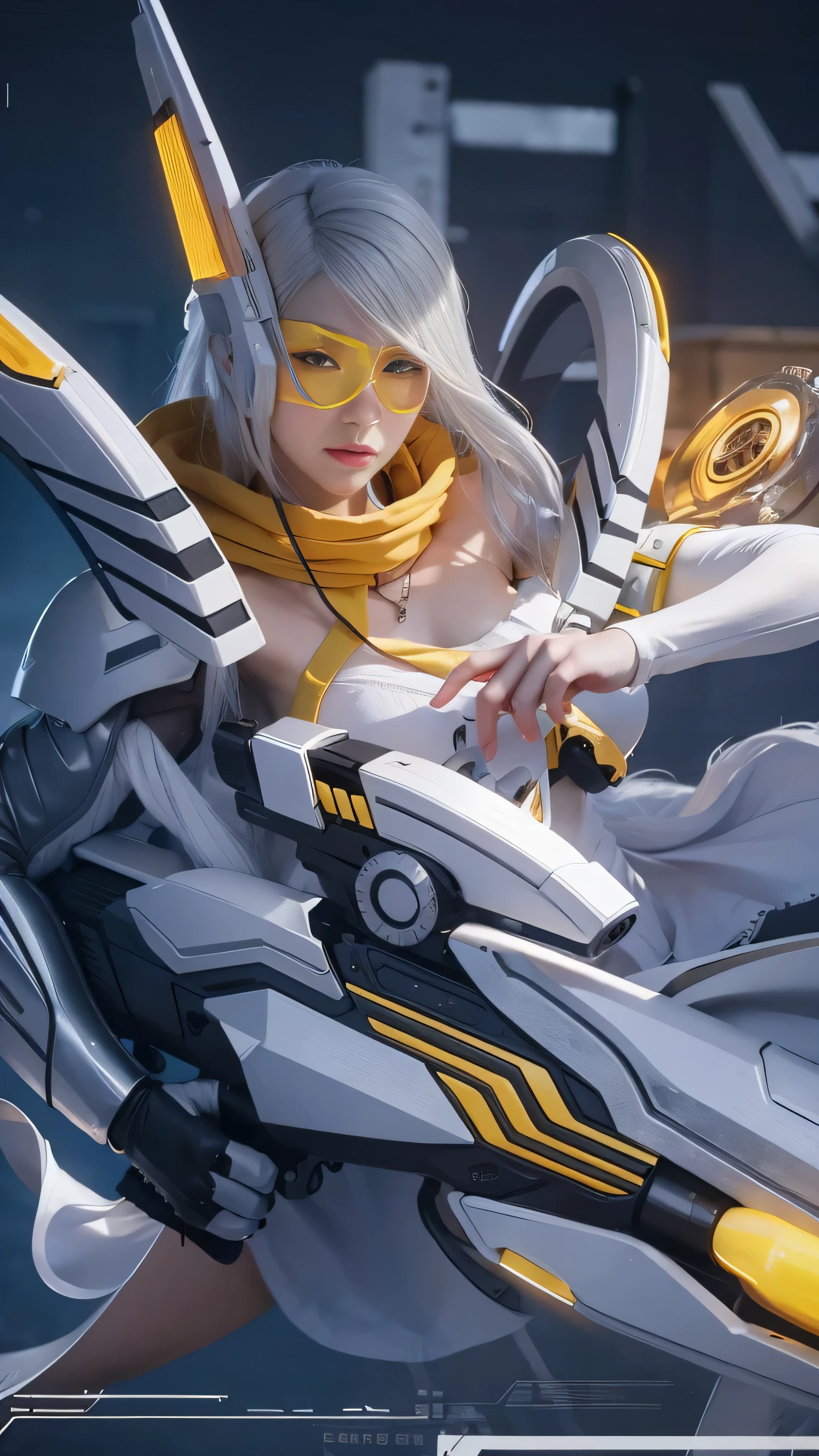 8k, highly detailed, girl with white hair and yellow eyes carrying a gun